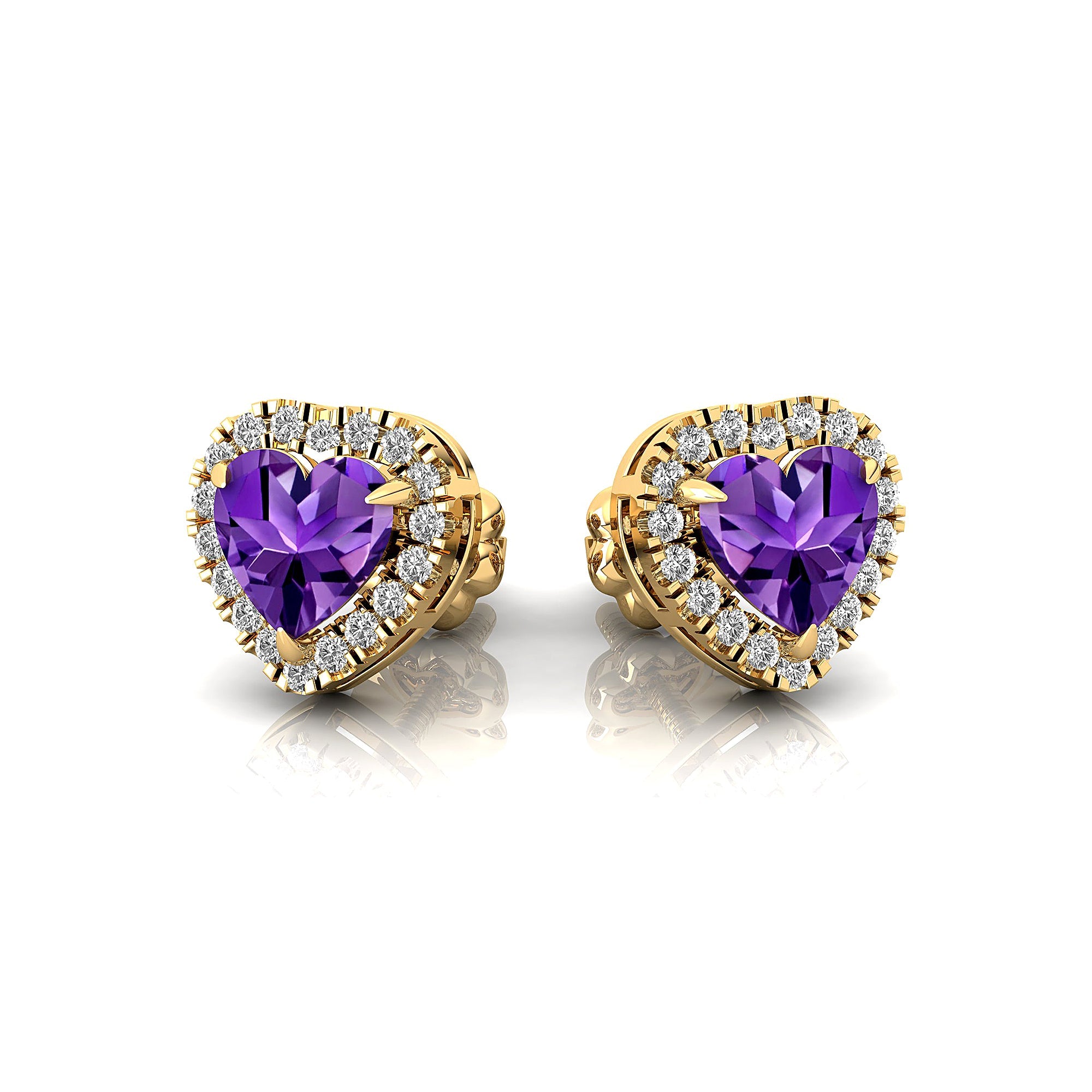Heart Shaped Amethyst Halo Diamond Stud Earrings - GeumJewels