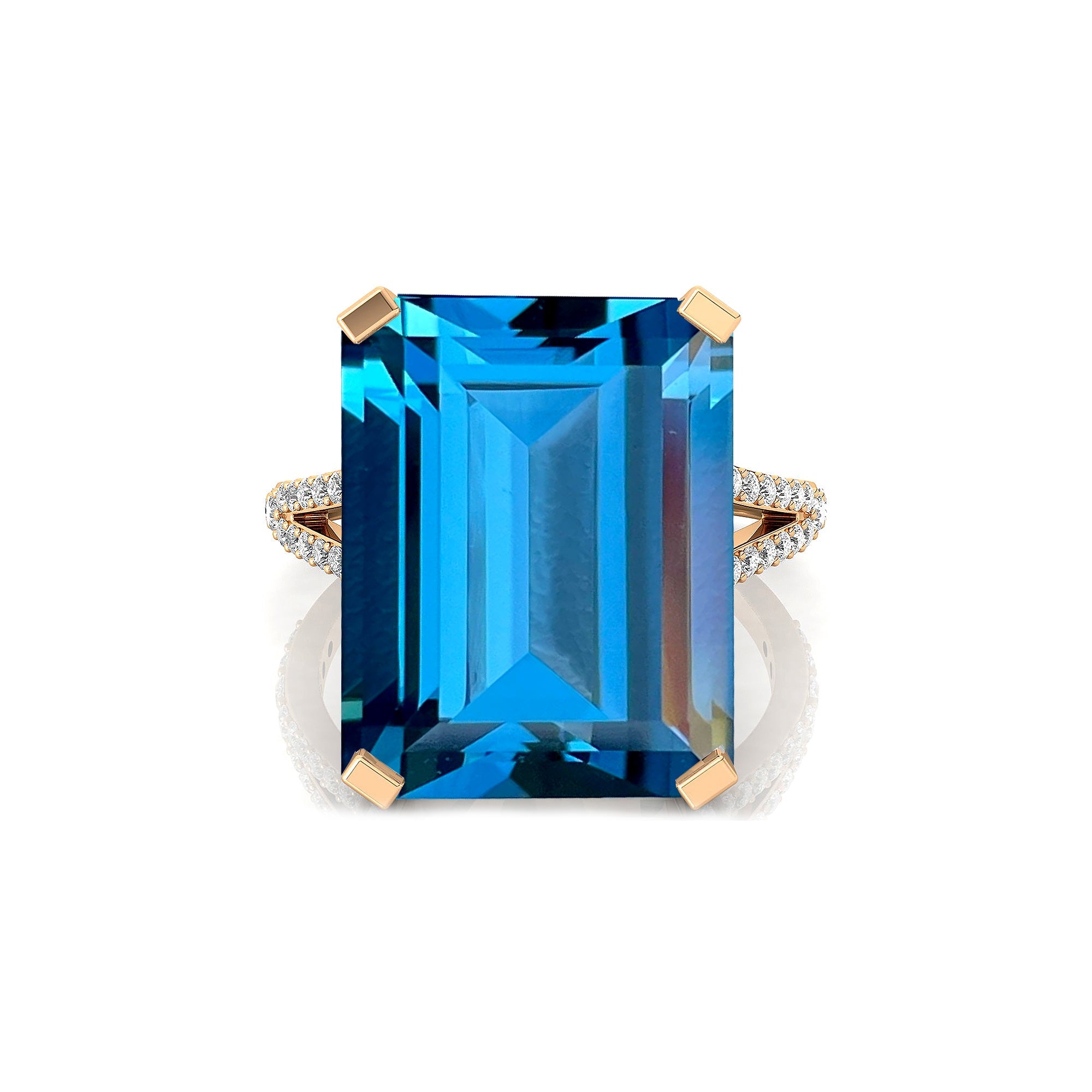 Emerald Cut Swiss Blue Topaz Split Shank Engagement Ring with Diamonds - GeumJewels