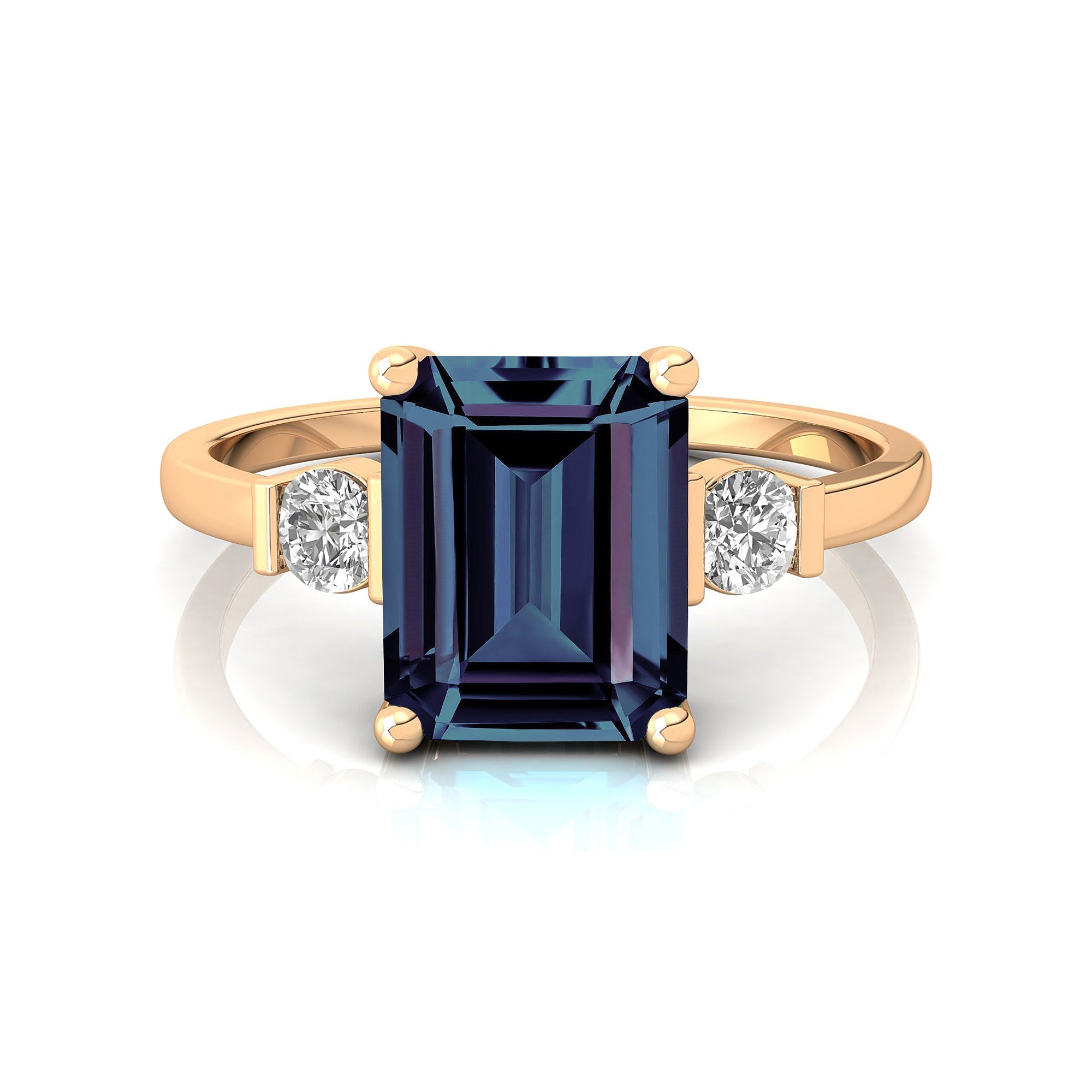 Emerald Cut Alexandrite and Diamond Three Stone Ring - GeumJewels