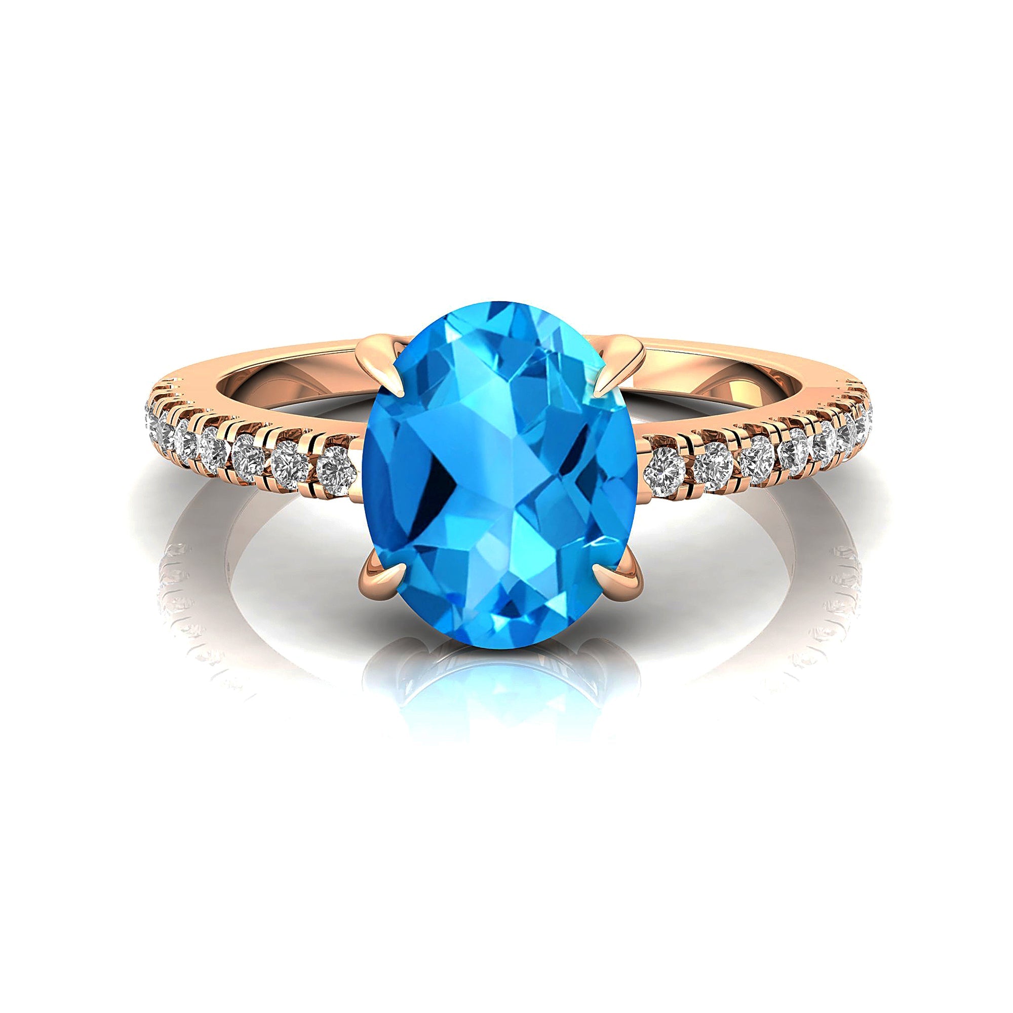 Oval Solitaire Swiss Blue Topaz with Accent Diamonds Engagement Ring - GeumJewels