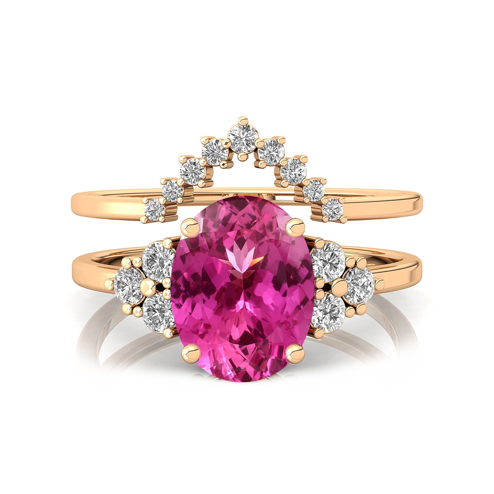Pink Sapphire Solitaire Gold Ring With Stackable Diamond Band - GeumJewels