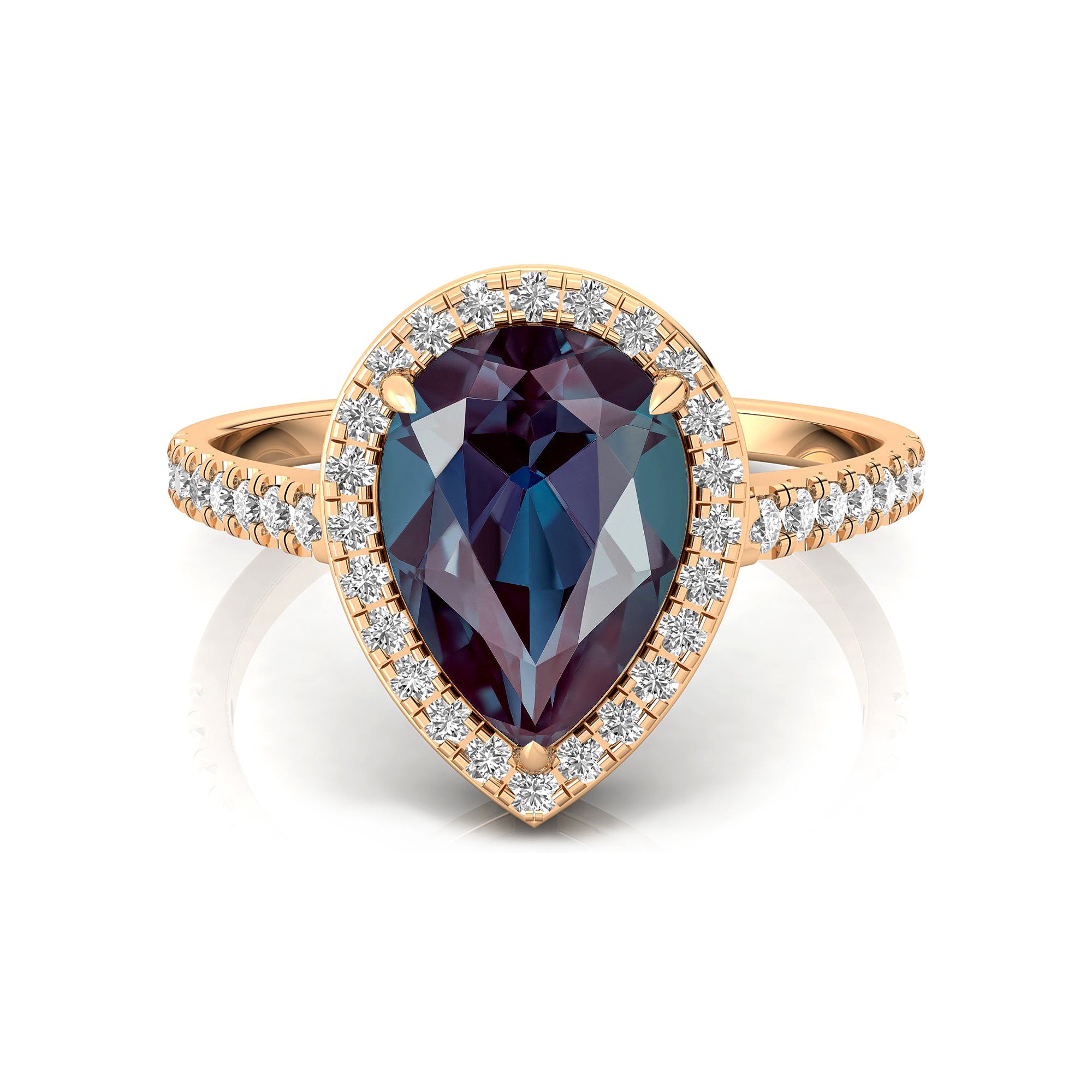Classic Pear Shaped Alexandrite Halo Diamond Engagement Ring - GeumJewels