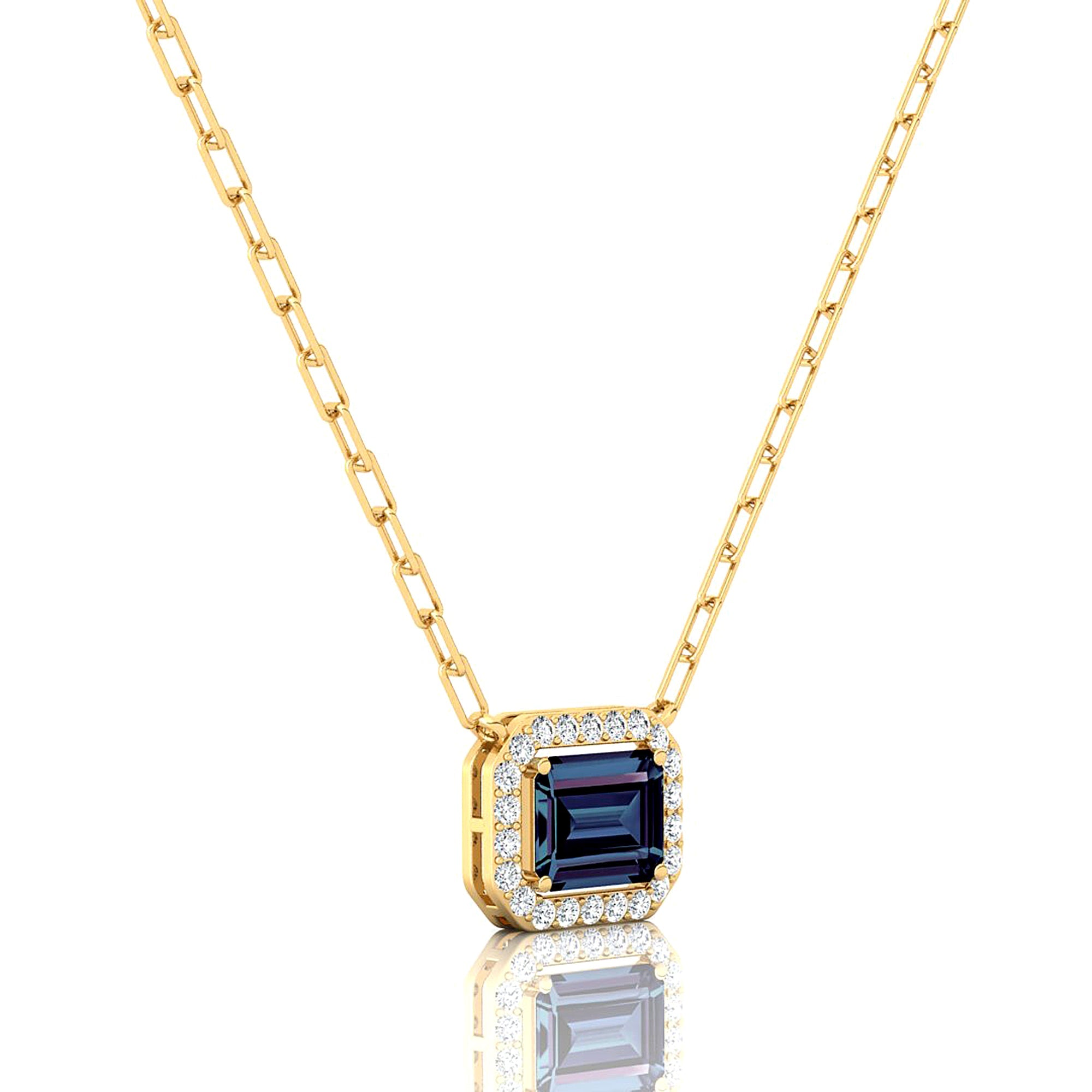 Emerald Cut Alexandrite Halo Set Diamond Necklace - GeumJewels