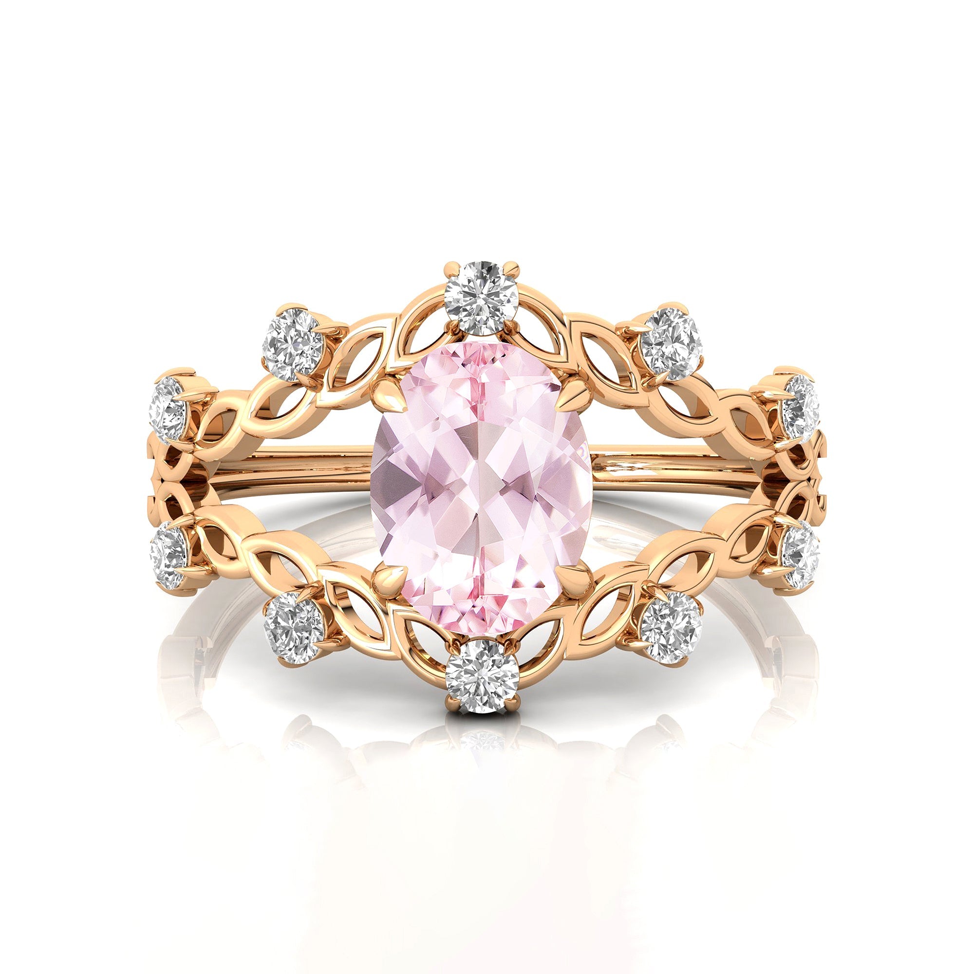 Flower Inspired Ring with Oval Shaped Morganite and Accent Diamonds - GeumJewels