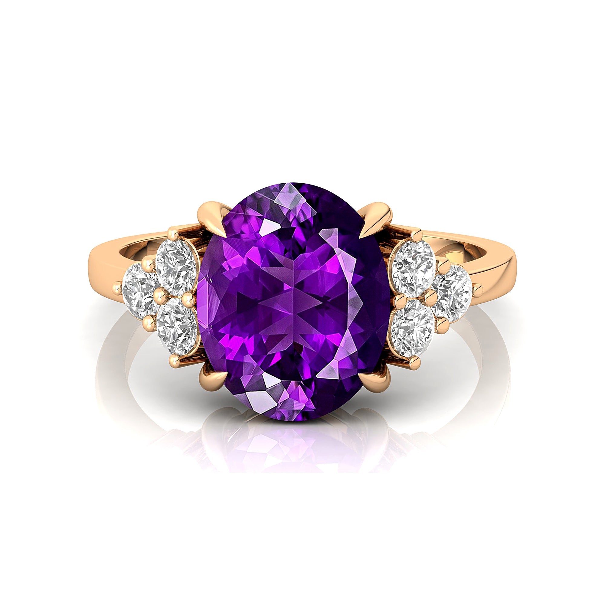 Trio Diamond Engagement Ring with Oval Cut Amethyst - GeumJewels