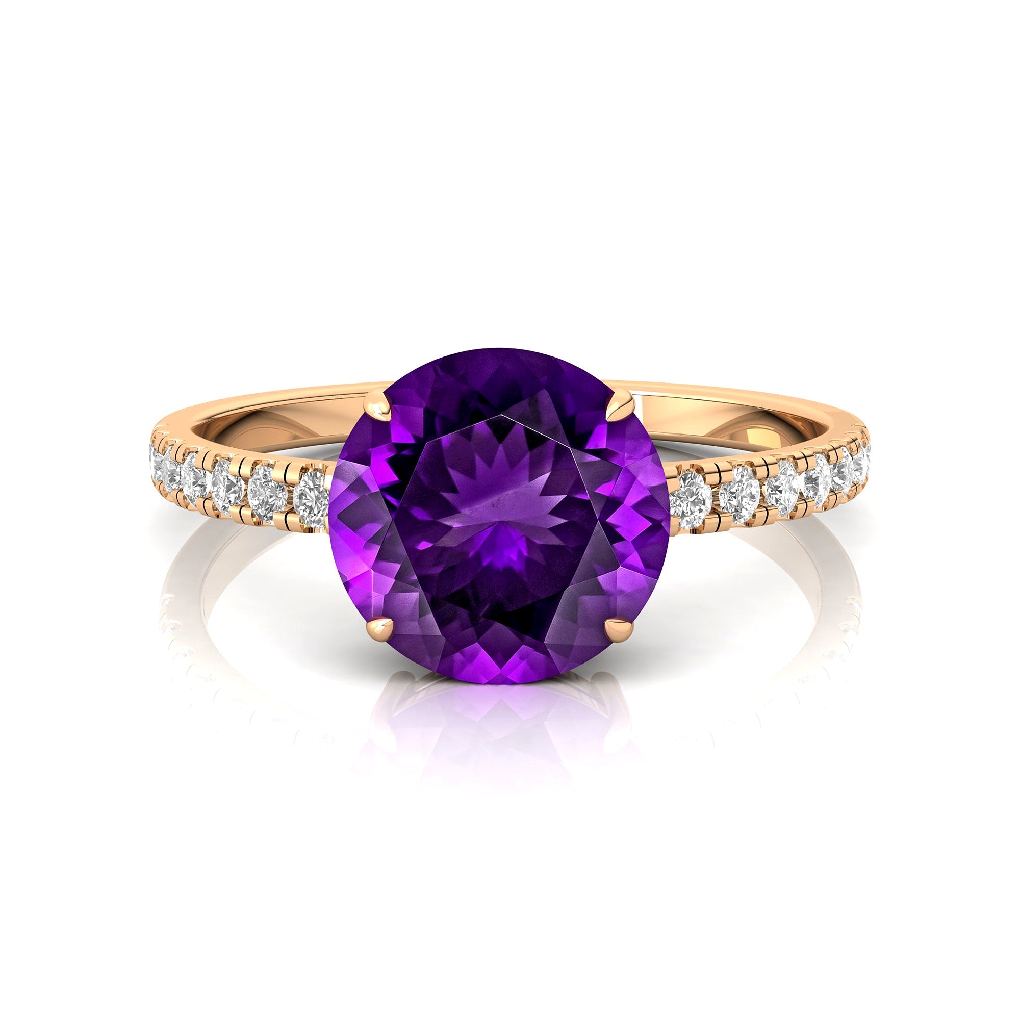 Classic Six Prong Round Solitaire Amethyst Ring with Accent Diamond Band - GeumJewels