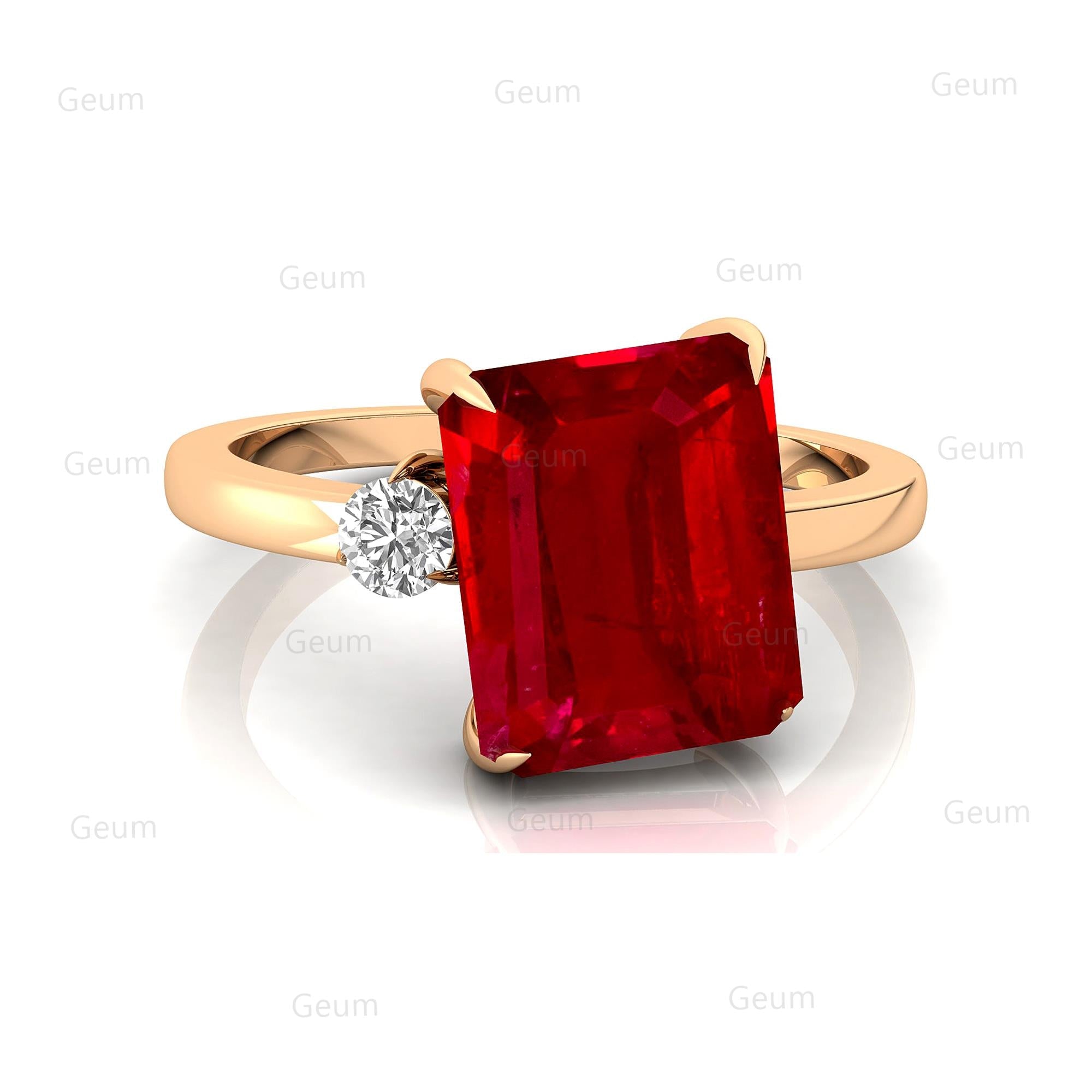 Emerald Shaped Ruby with 3mm Accent Solitaire Engagement Ring - GeumJewels