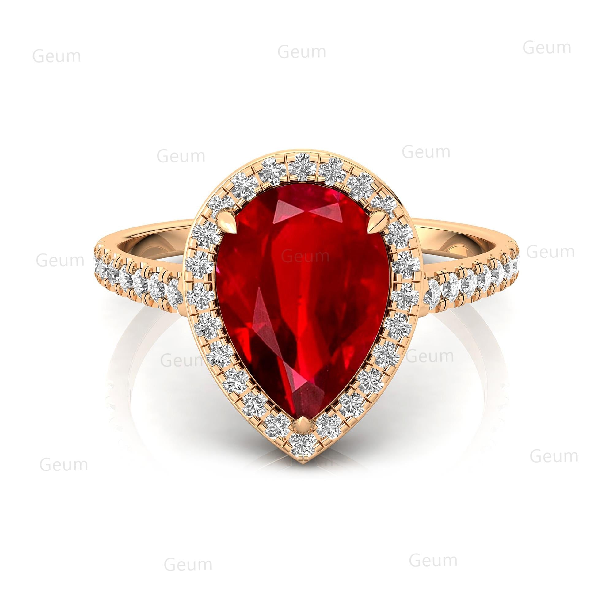 Classic Pear Shaped Ruby Halo Diamond Engagement Ring - GeumJewels