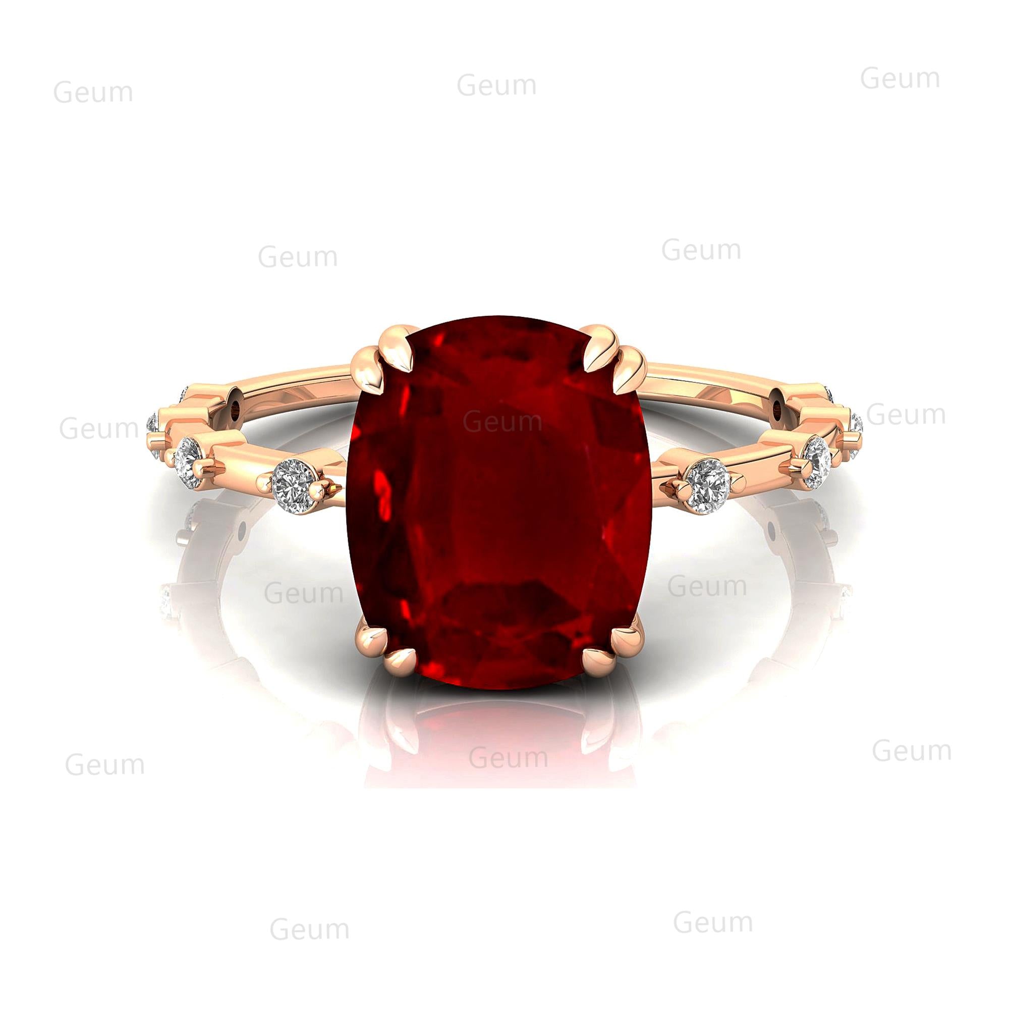 Cushion Cut Ruby Engagement Ring with Distant Diamond Band - GeumJewels