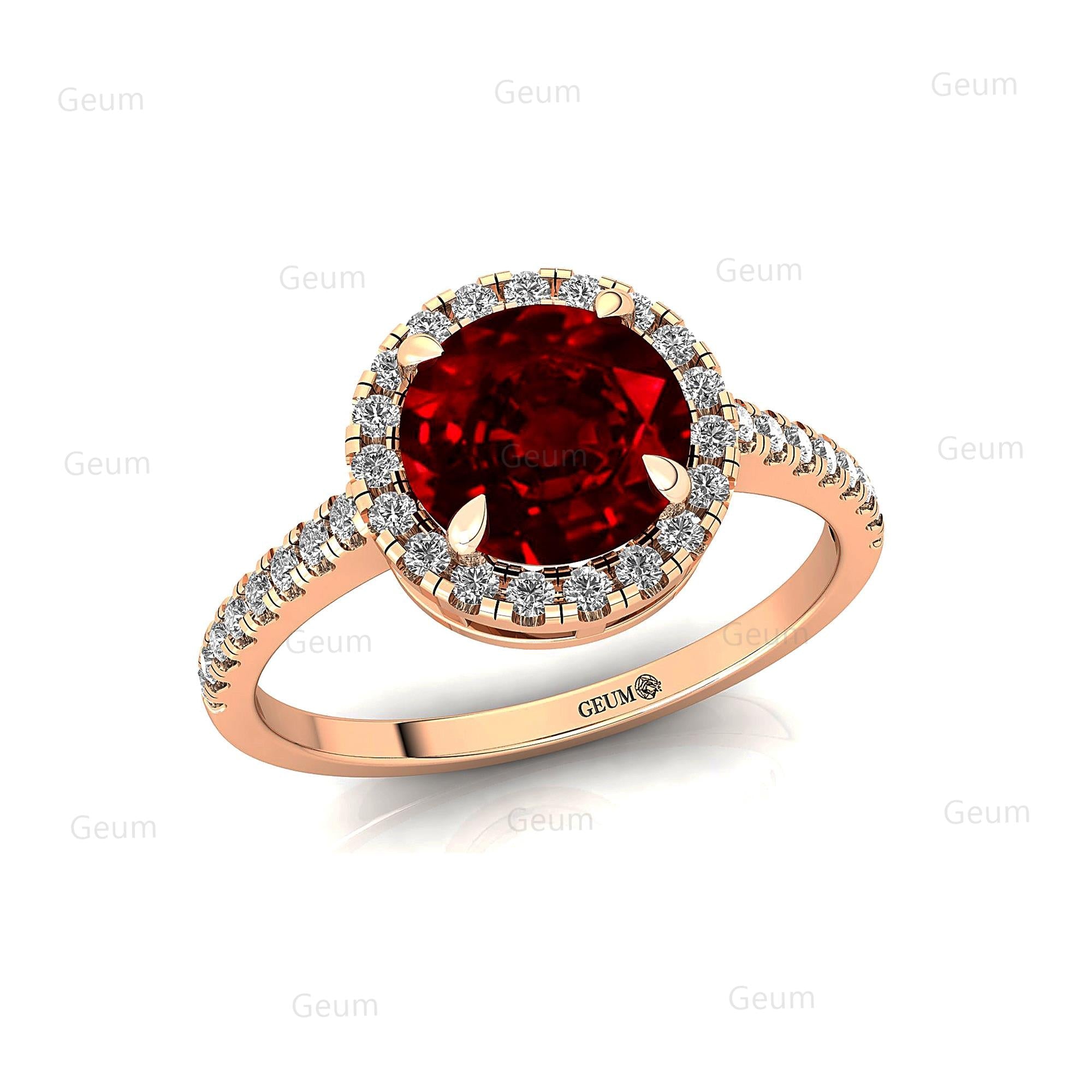 Classic Round Halo Diamonds with Solitaire Ruby Engagement Ring - GeumJewels