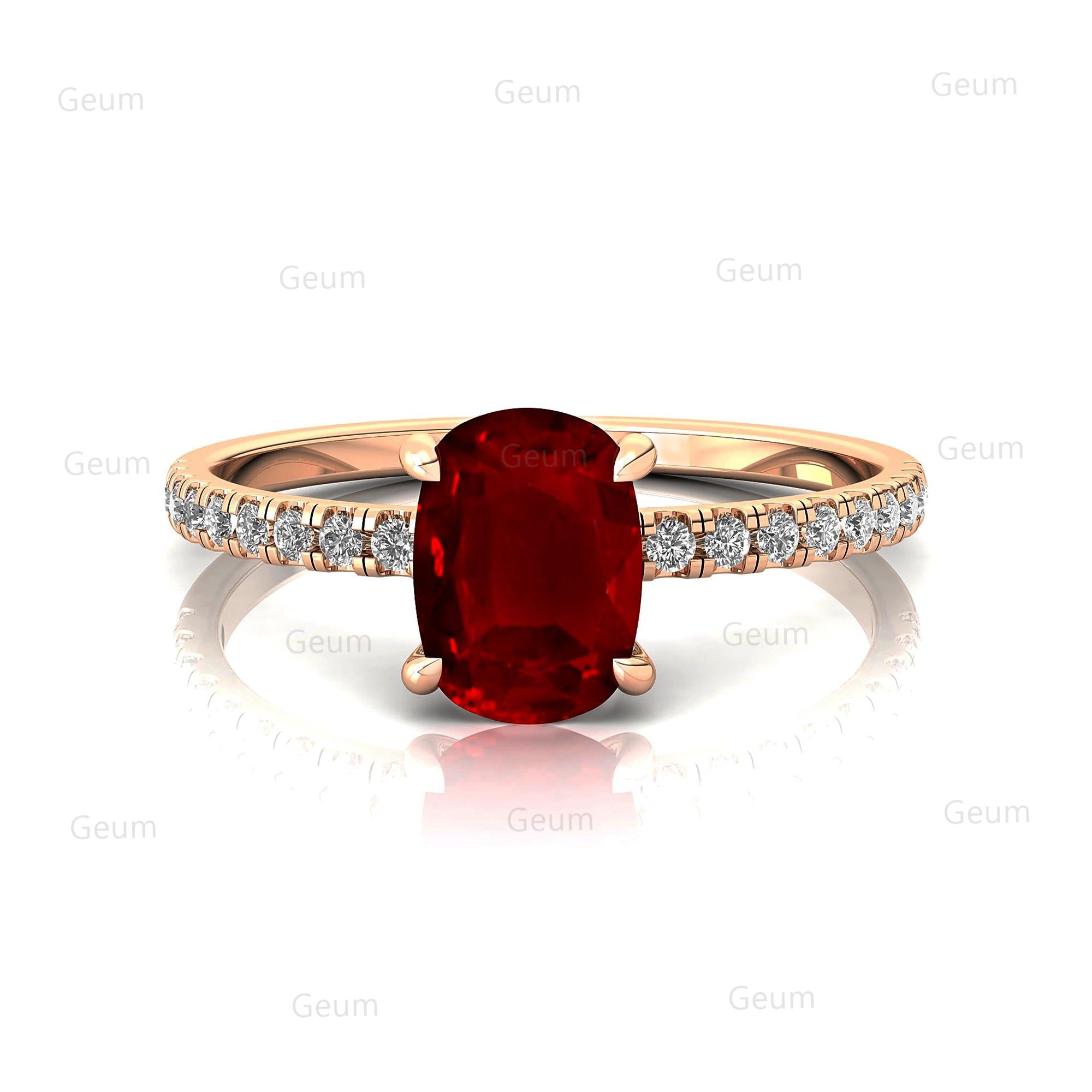 Long Cushion Ruby Thin Diamond Promise Ring - GeumJewels