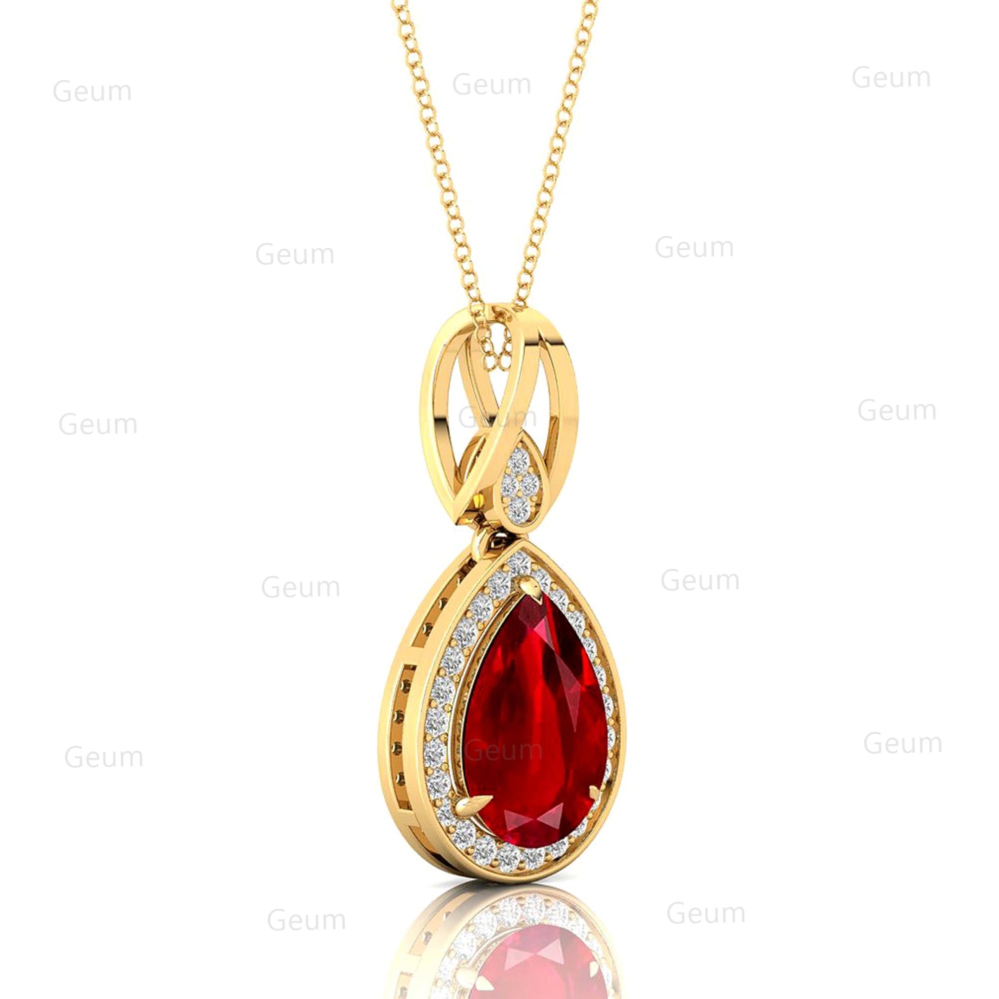 Classic Teardrop Shaped Ruby Halo Diamond Dangle Pendant - GeumJewels