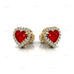Heart Shaped Ruby Halo Diamond Stud Earrings - GeumJewels