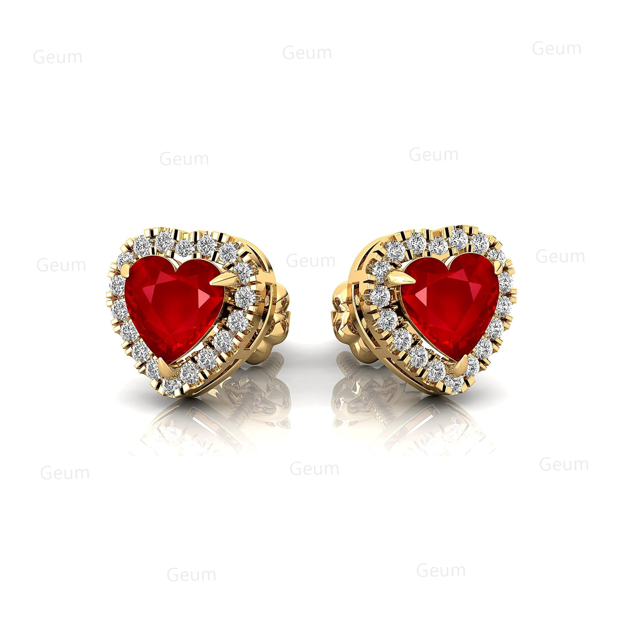 Heart Shaped Ruby Halo Diamond Stud Earrings - GeumJewels