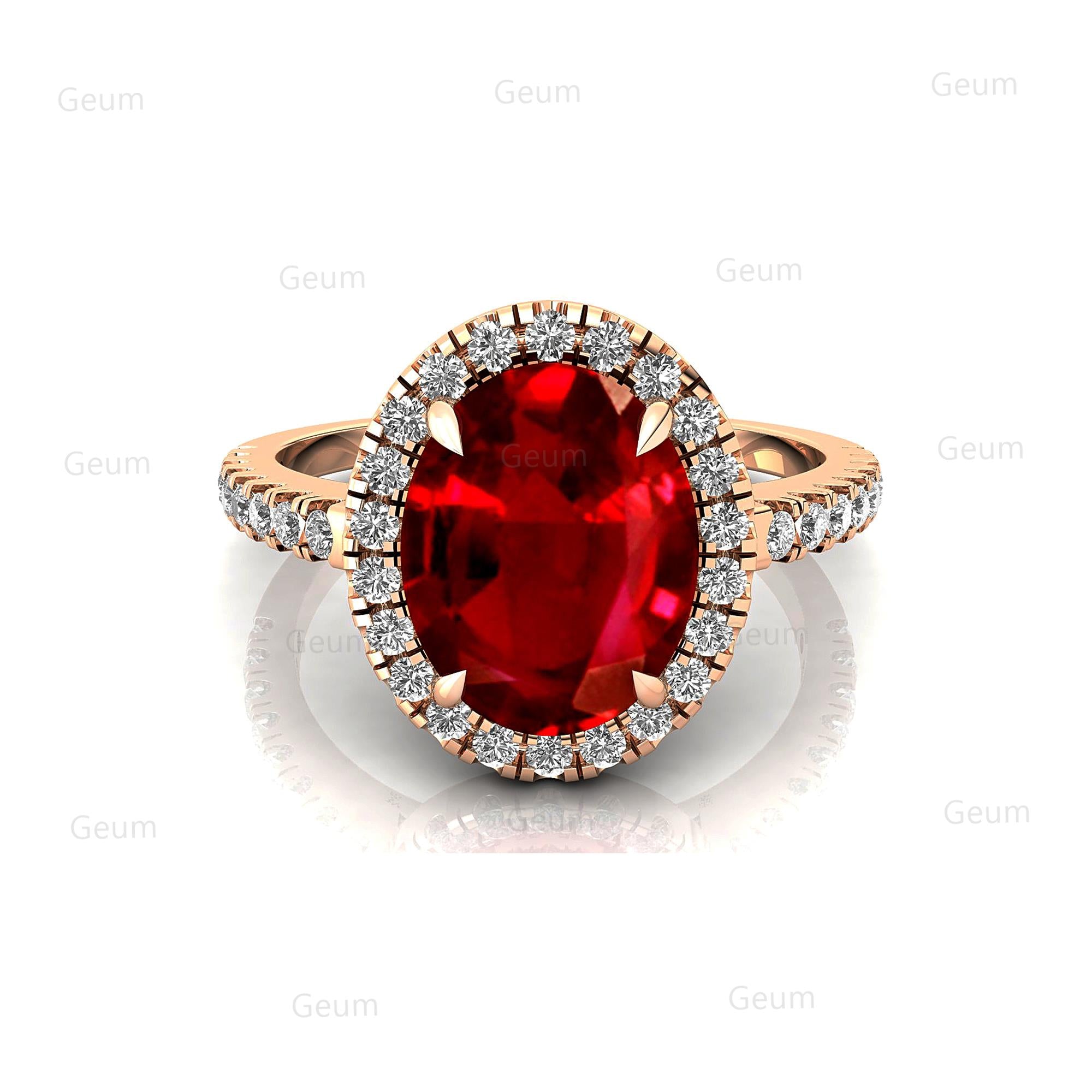 Oval Solitaire Ruby Halo Diamond Engagement Ring - GeumJewels