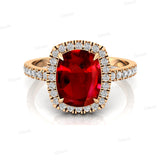 Elongated Cushion Halo Set Ruby Engagement Ring with Diamond Band - GeumJewels