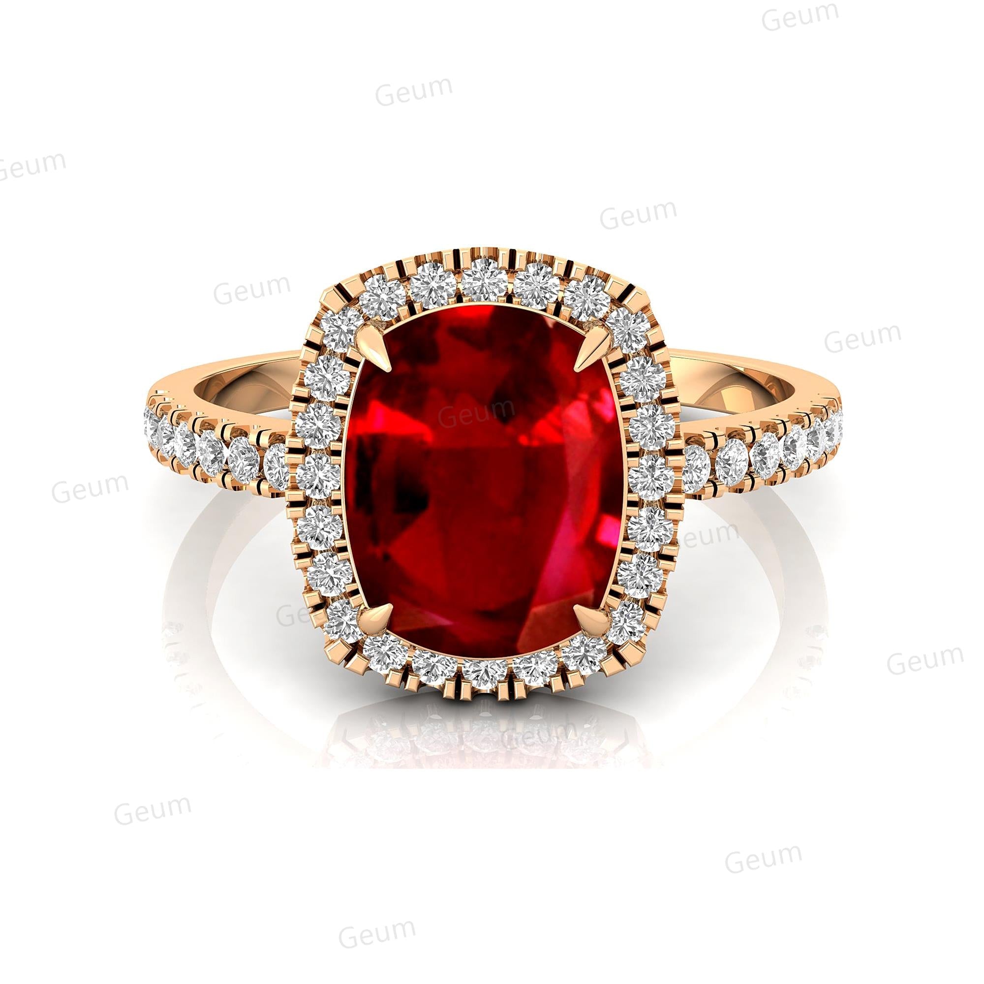 Elongated Cushion Halo Set Ruby Engagement Ring with Diamond Band - GeumJewels