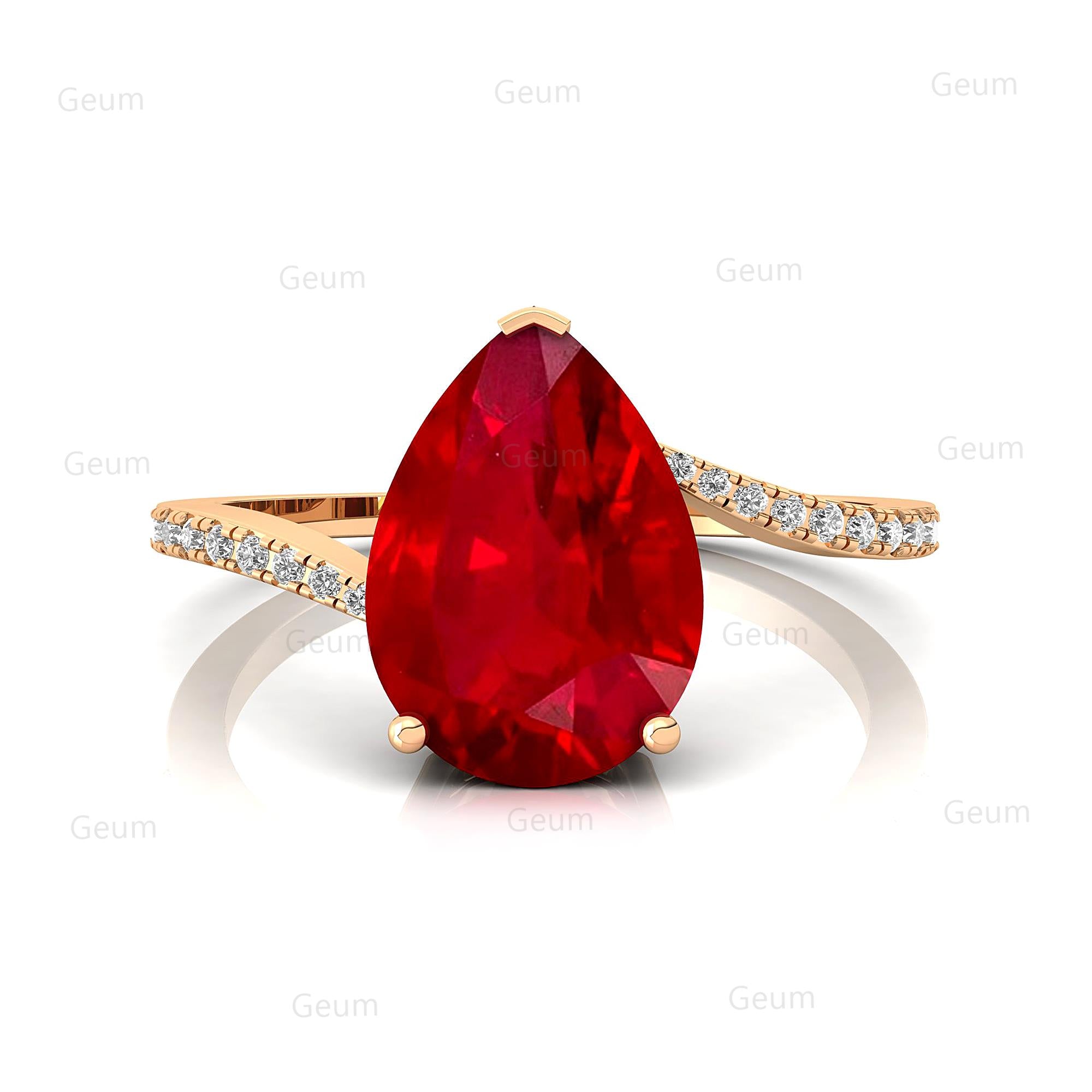 Twisted Up Down Band Pear Shaped Ruby Ring with Accent Diamonds - GeumJewels