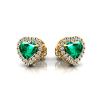 Heart Shaped Emerald Halo Diamond Stud Earrings - GeumJewels