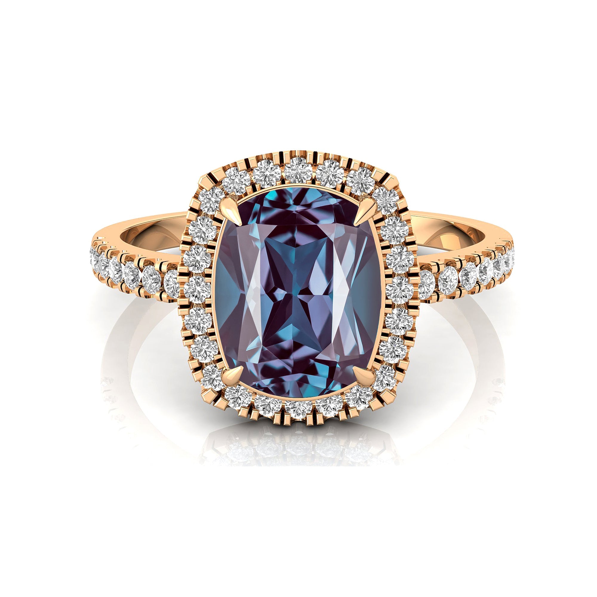 Elongated Cushion Halo Set Alexandrite Engagement Ring with Diamond Band - GeumJewels