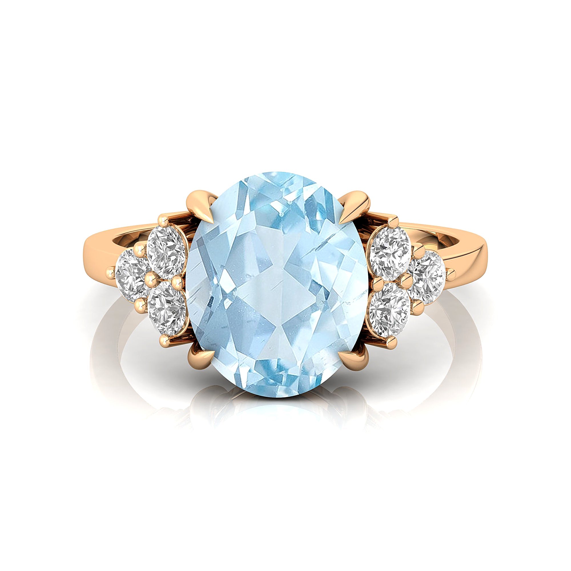 Trio Diamond Engagement Ring with Oval Cut Aquamarine - GeumJewels