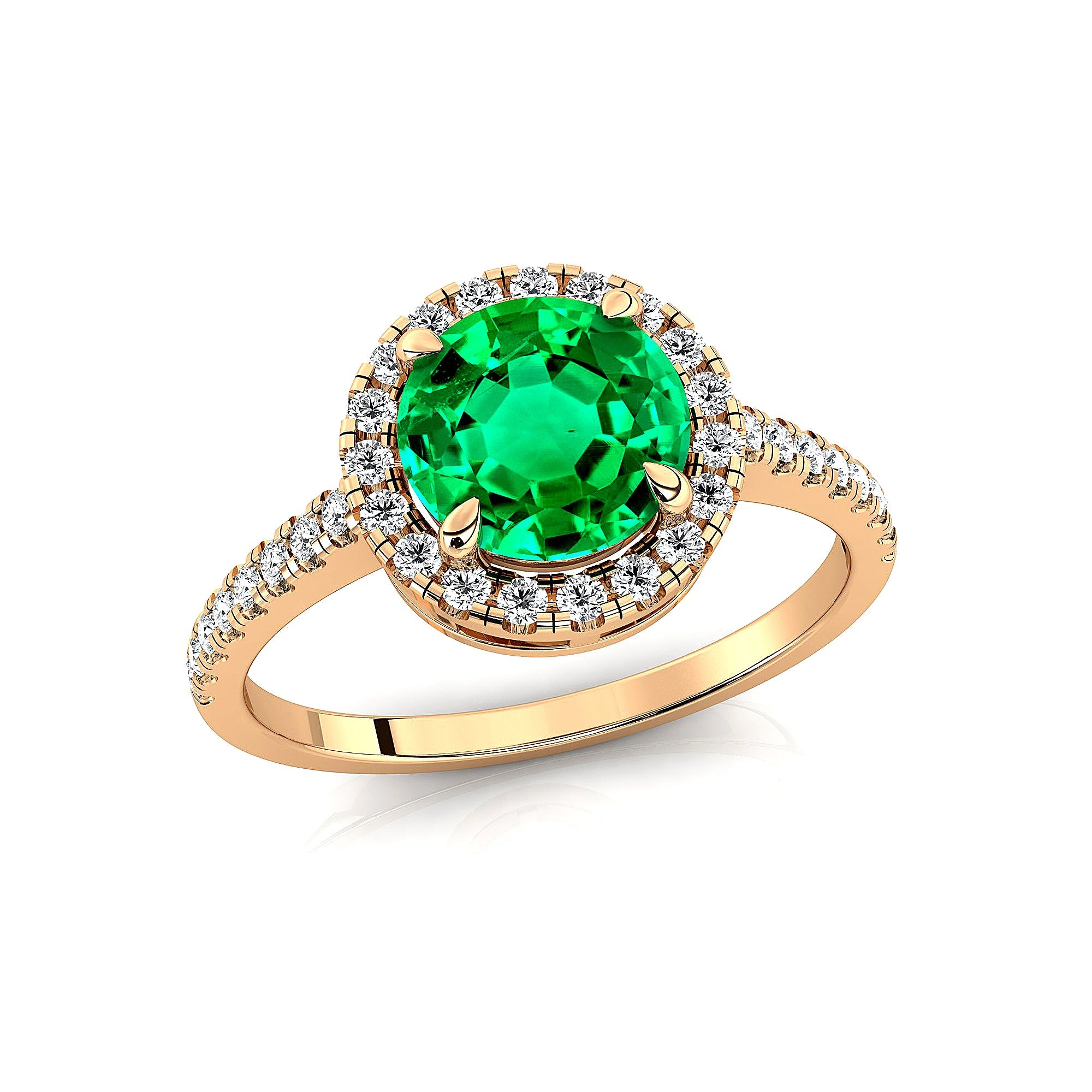 Classic Round Halo Diamonds with Solitaire Emerald Engagement Ring - GeumJewels