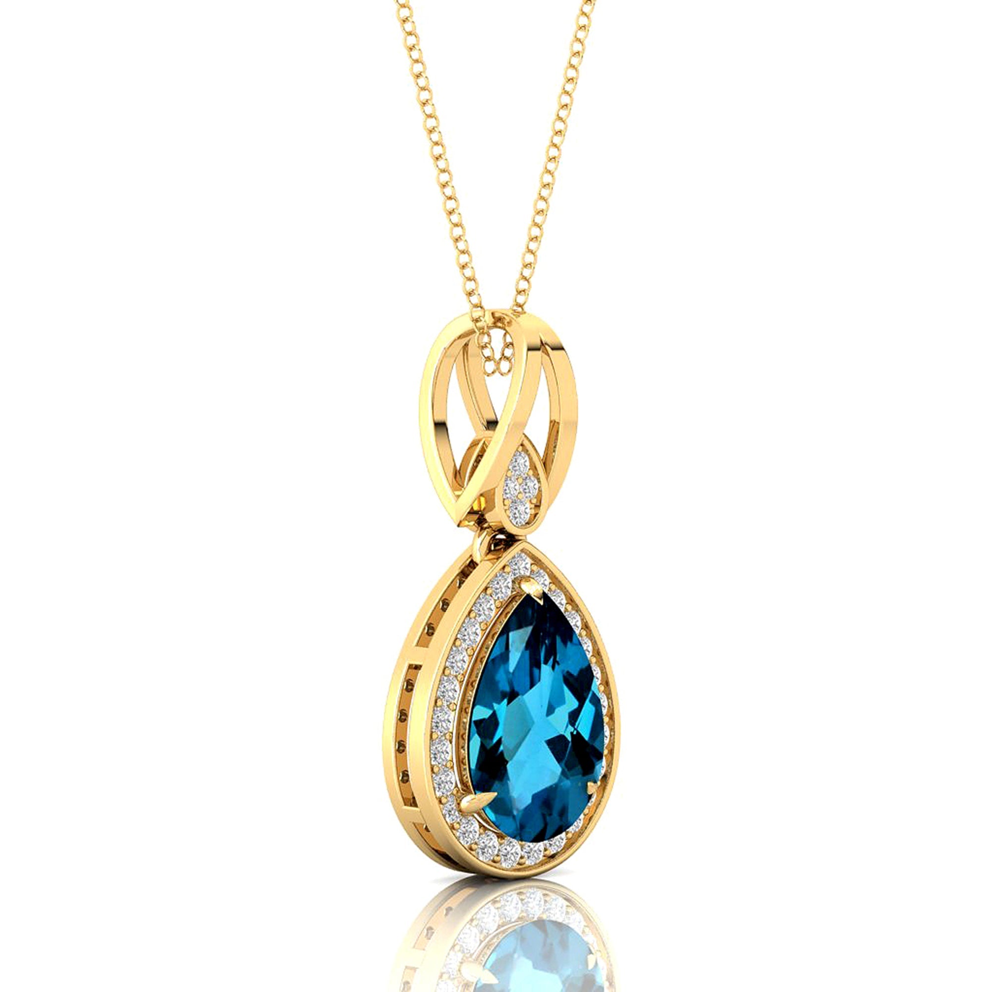 Classic Teardrop Shaped London Blue Topaz Halo Diamond Dangle Pendant - GeumJewels