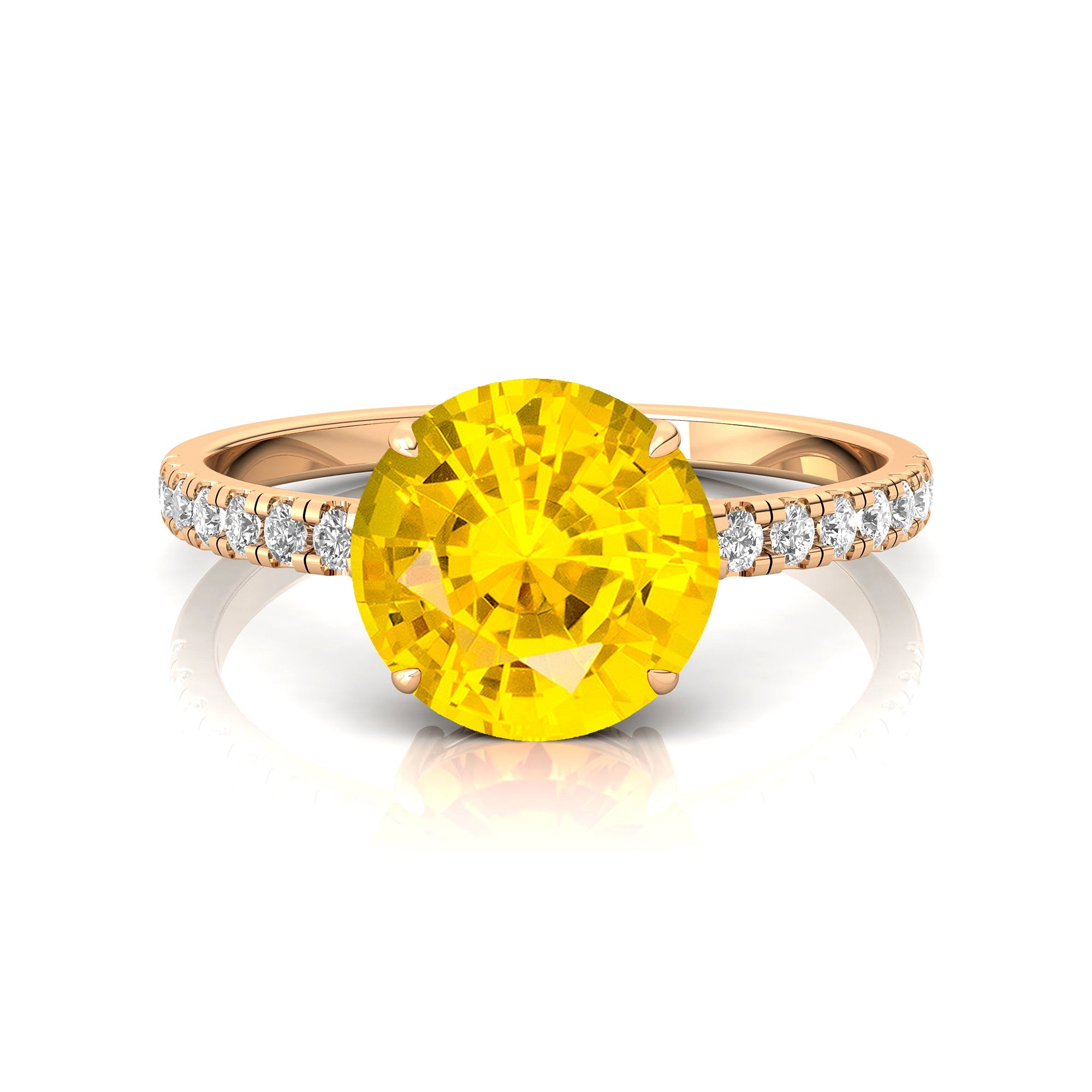 Classic Six Prong Round Solitaire Yellow Sapphire Ring with Accent Diamond Band - GeumJewels