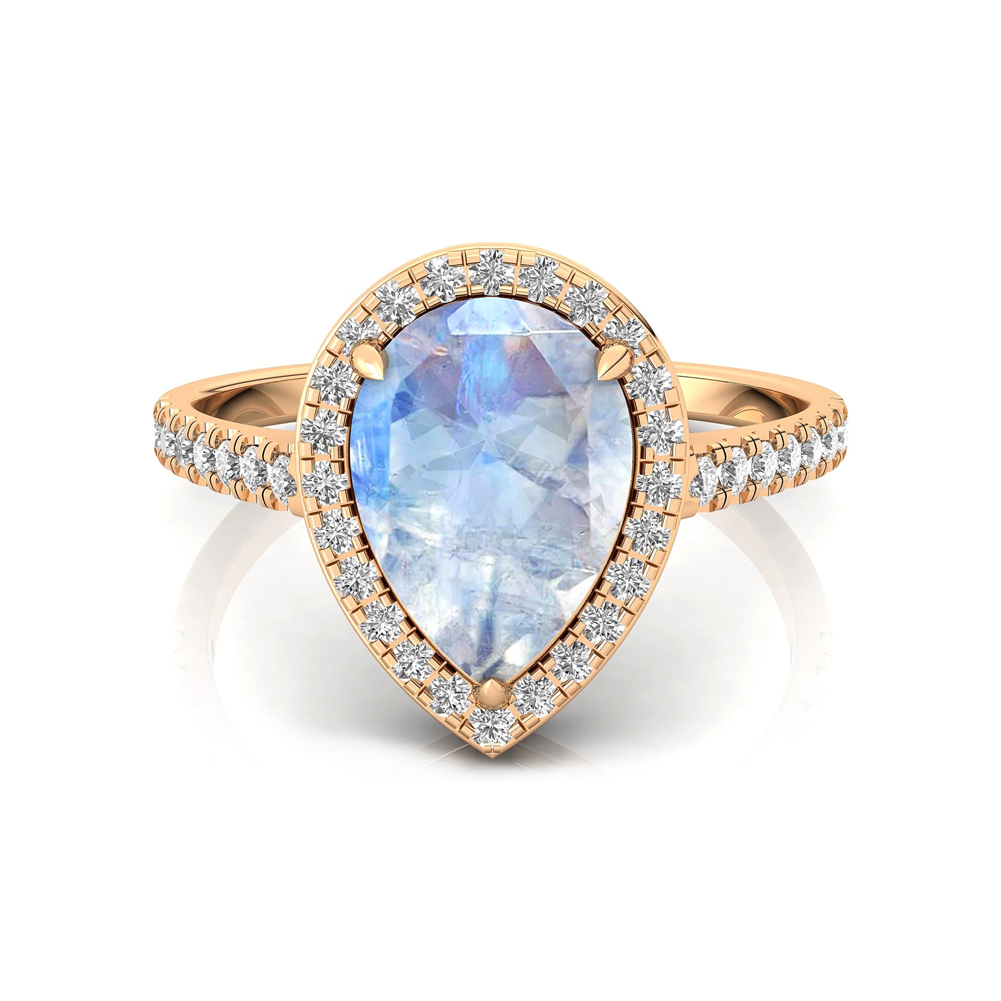 Classic Pear Shaped Moonstone Halo Diamond Engagement Ring - GeumJewels