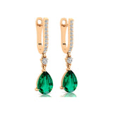 Lever Back Diamond Drop Earrings with Pear Cut Emerald - GeumJewels