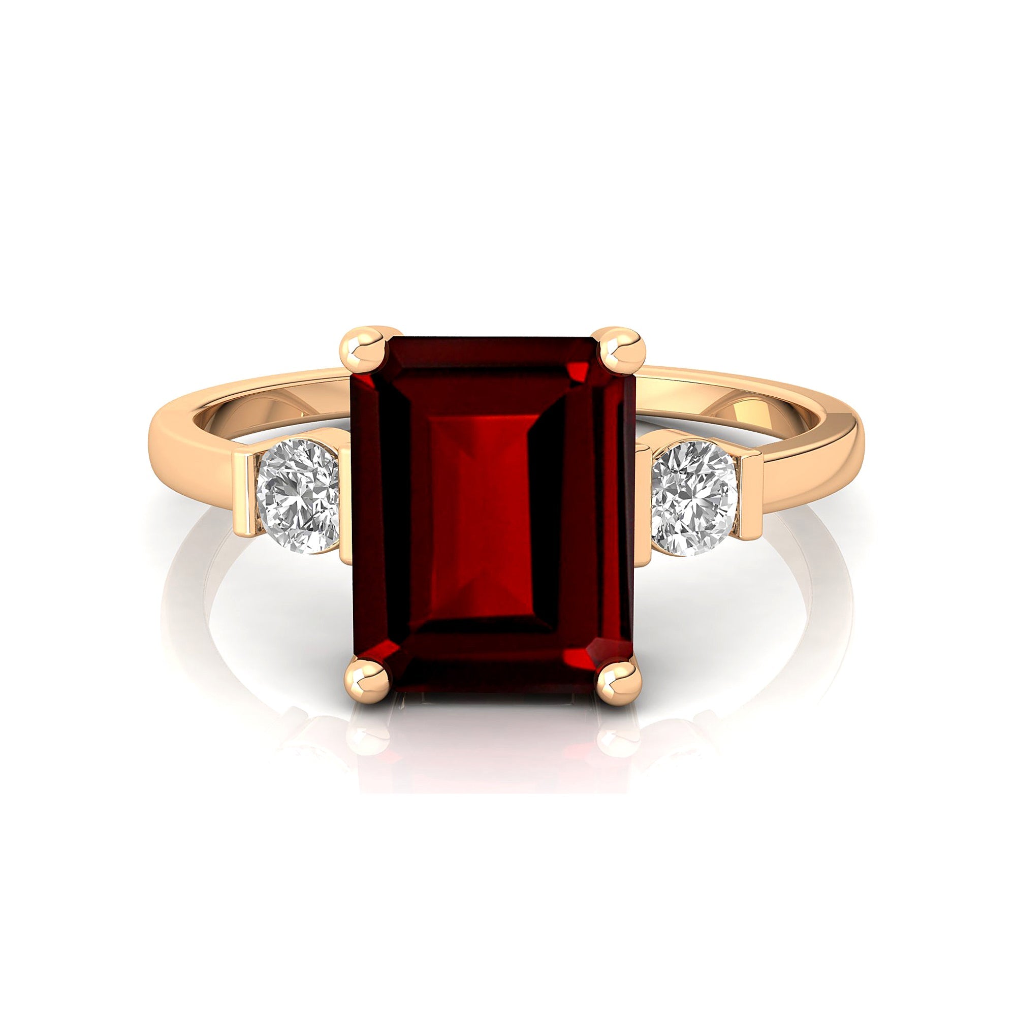 Emerald Cut Garnet and Diamond Three Stone Ring - GeumJewels