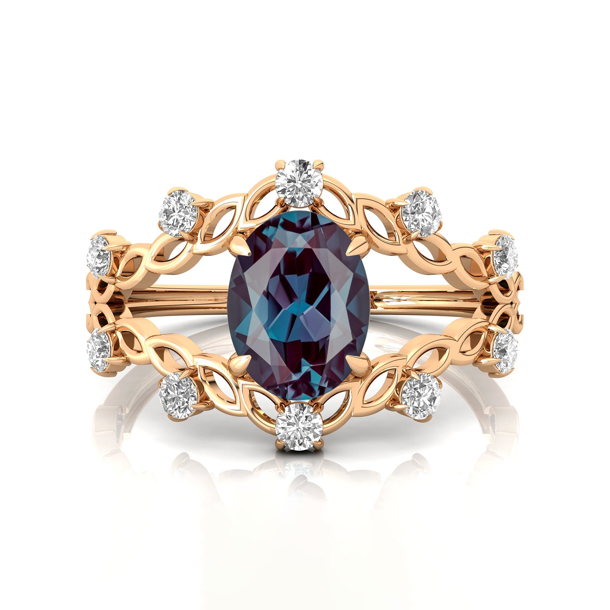 Flower Inspired Ring with Oval Shaped Alexandrite and Accent Diamonds - GeumJewels
