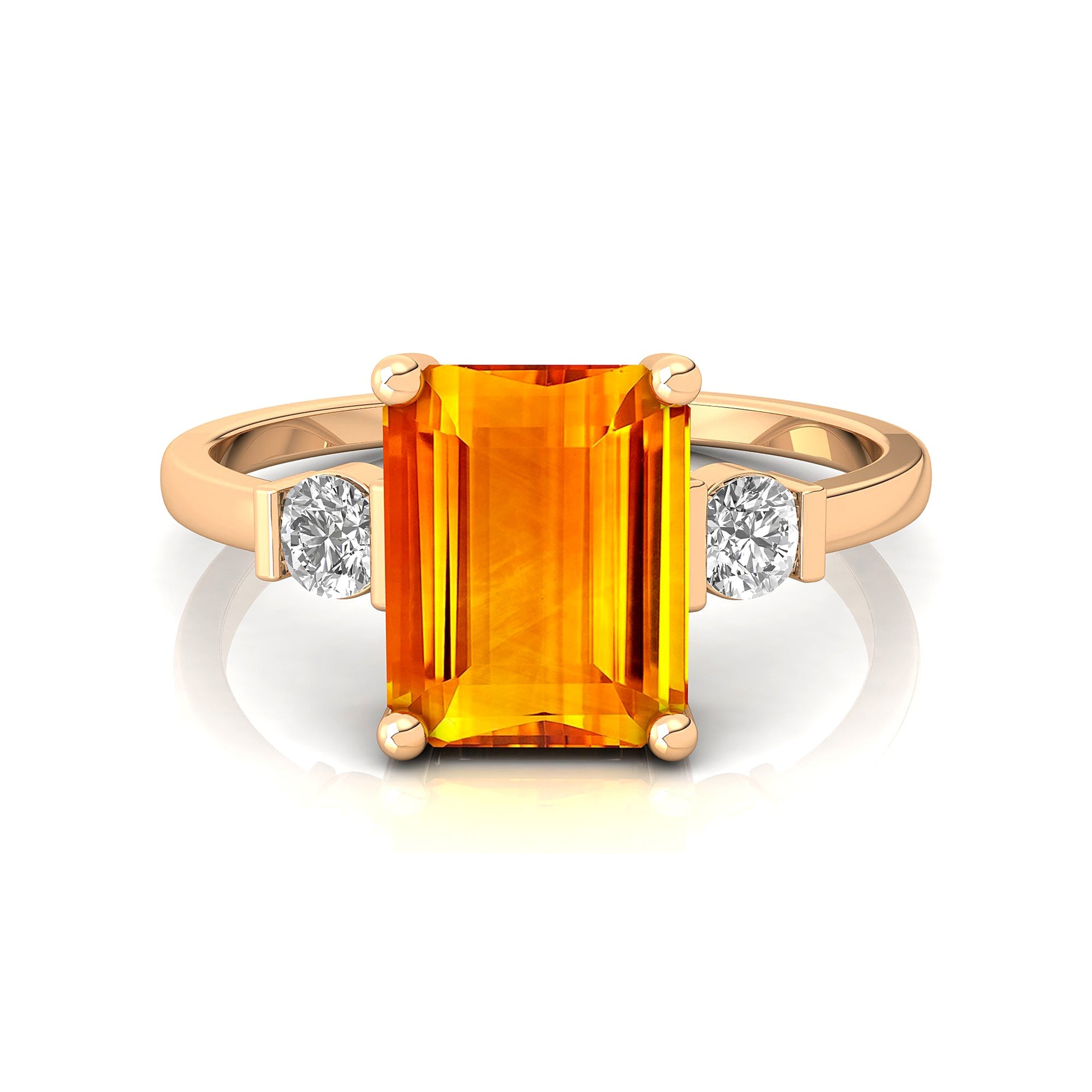 Emerald Cut Citrine and Diamond Three Stone Ring - GeumJewels