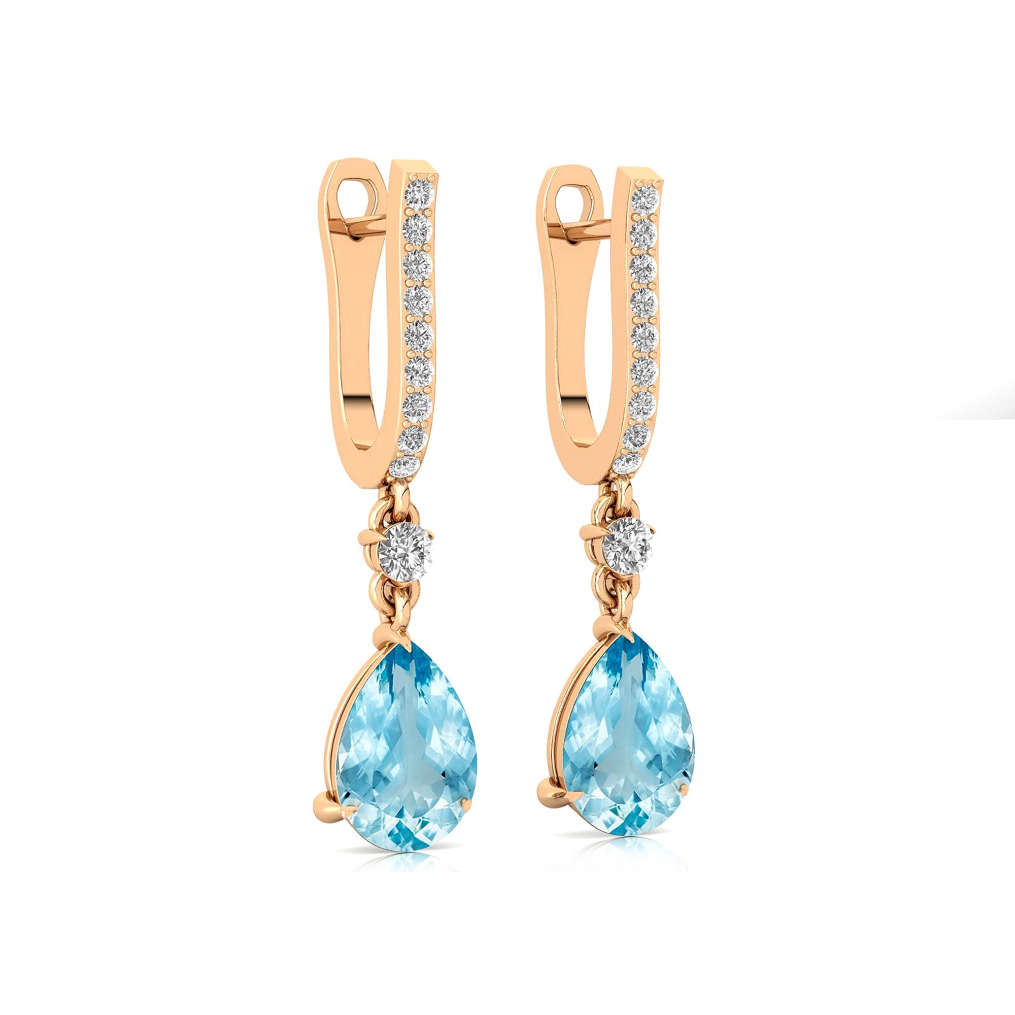 Lever Back Diamond Drop Earrings with Pear Cut Aquamarine - GeumJewels