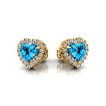 Heart Shaped Swiss Blue Topaz Halo Diamond Stud Earrings - GeumJewels
