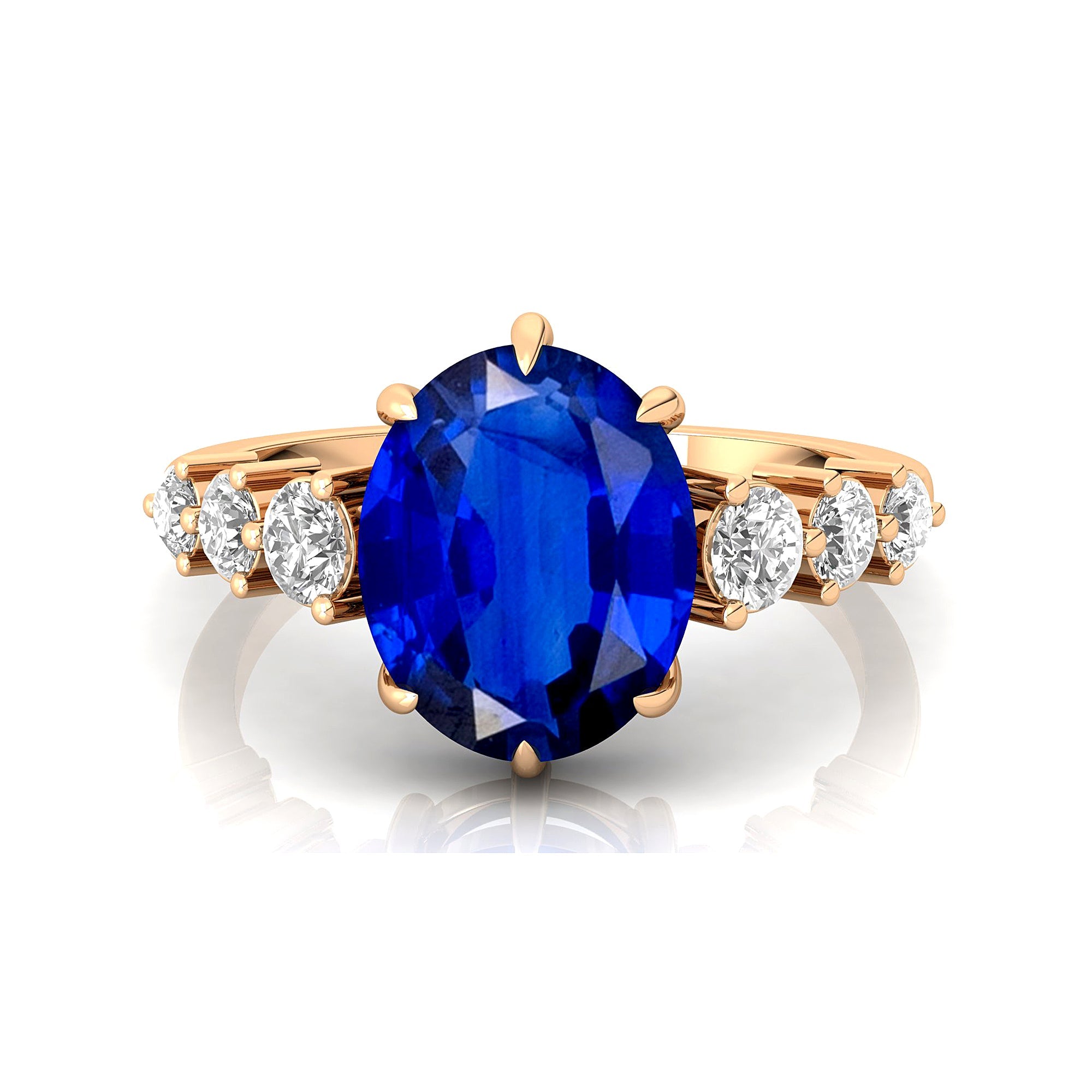 Oval Cut Blue Sapphire with Graduated Diamonds Ring - GeumJewels