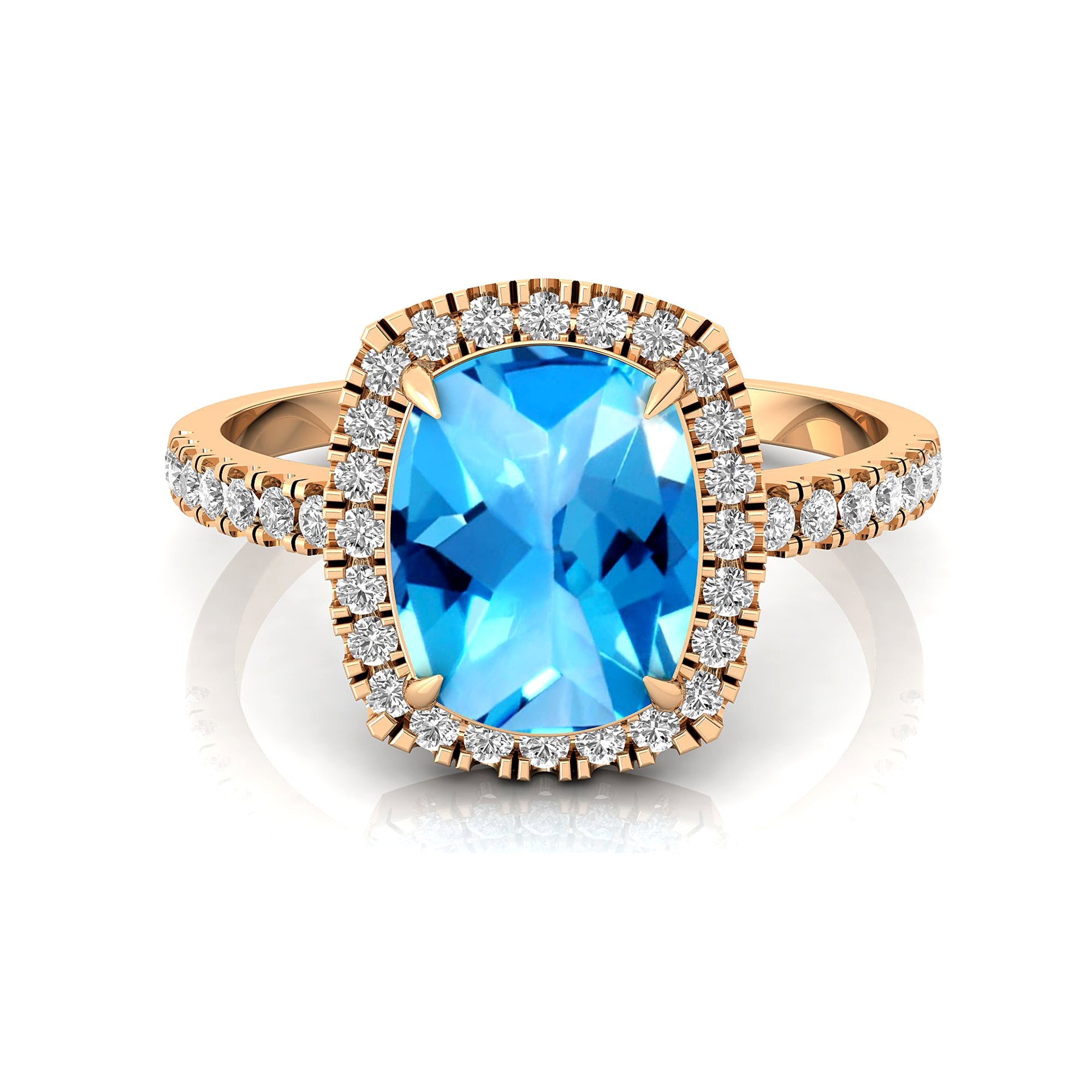 Elongated Cushion Halo Set Swiss Blue Topaz Engagement Ring with Diamond Band - GeumJewels