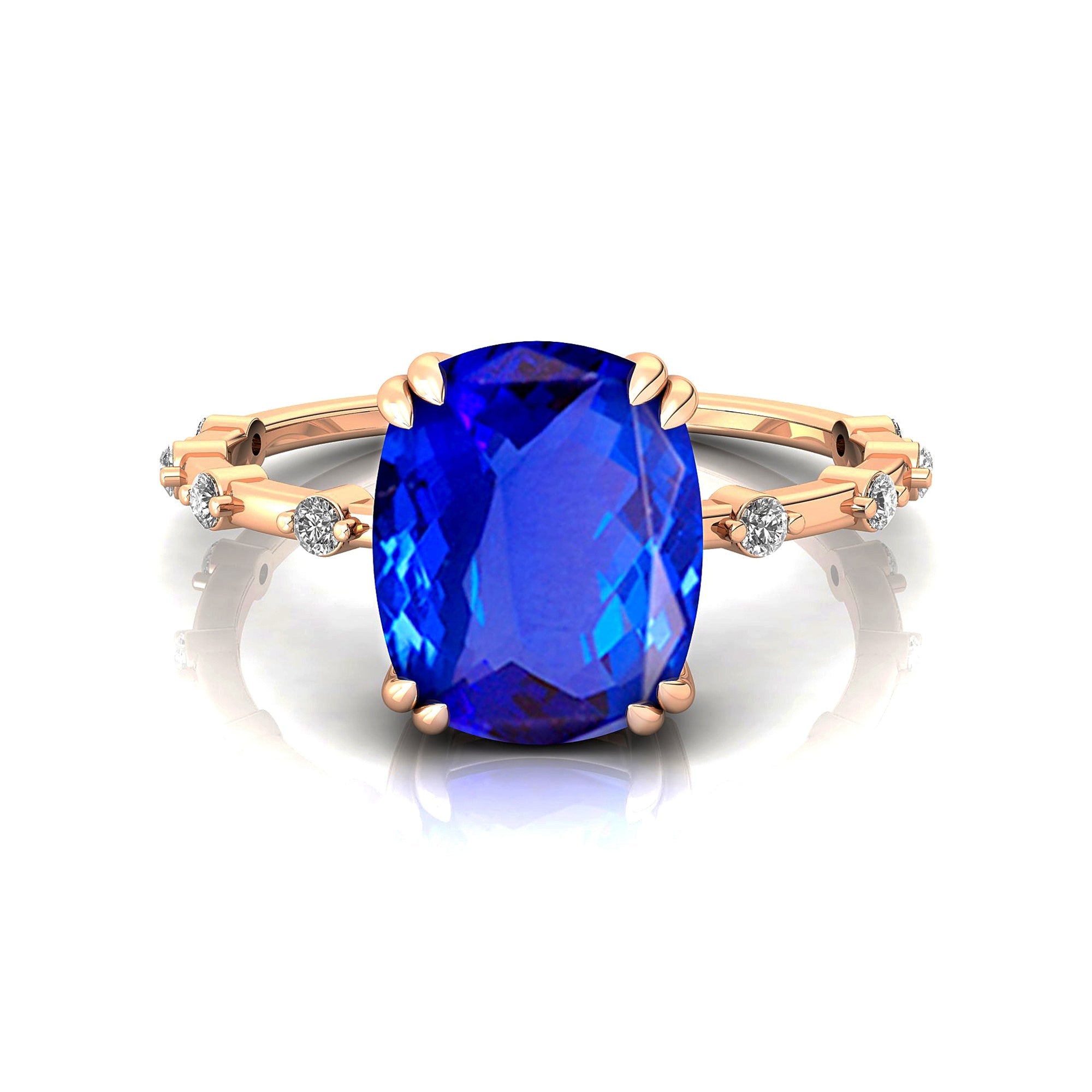 Cushion Cut Tanzanite Engagement Ring with Distant Diamond Band - GeumJewels