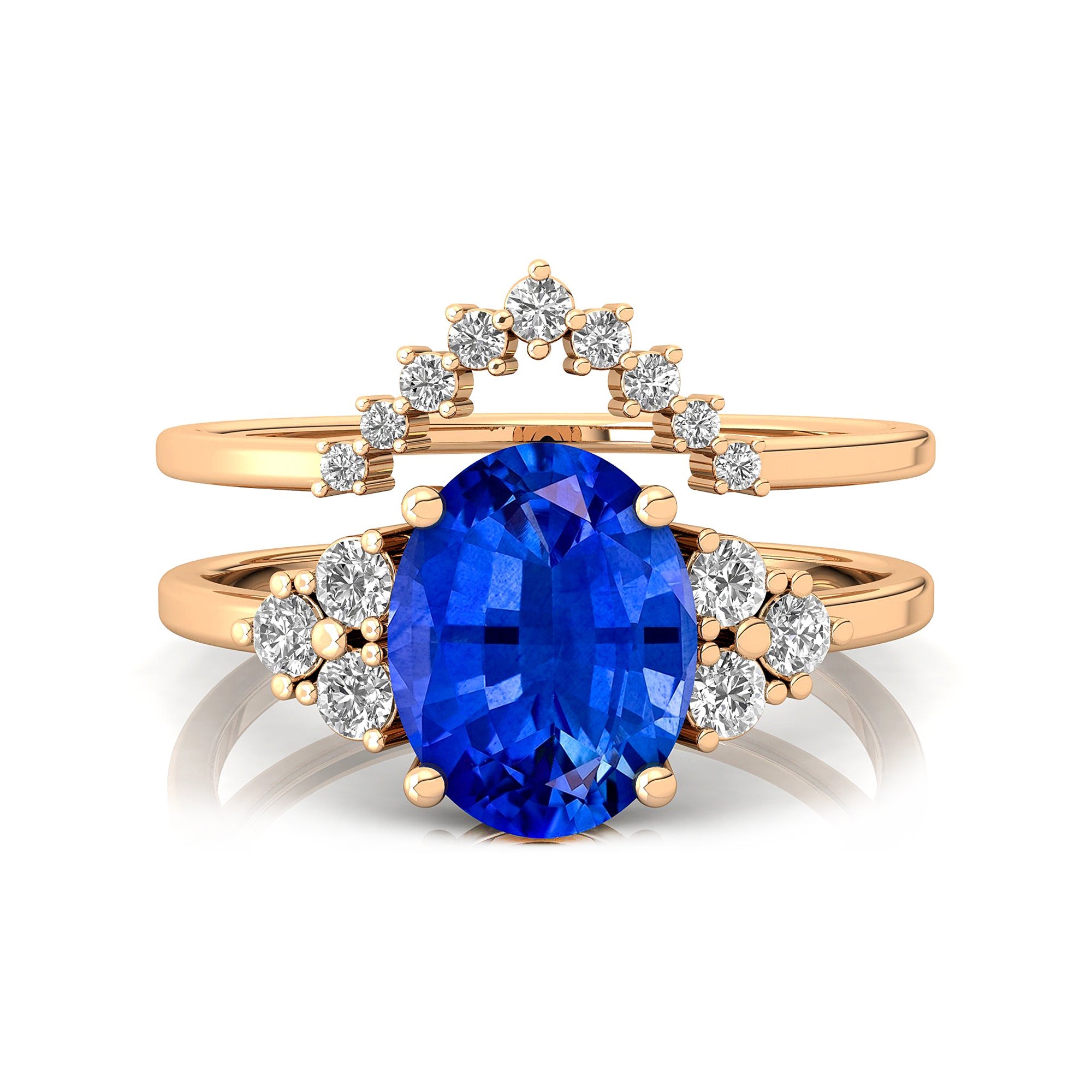 Blue Sapphire Gold Ring With Stackable Diamond Band - GeumJewels
