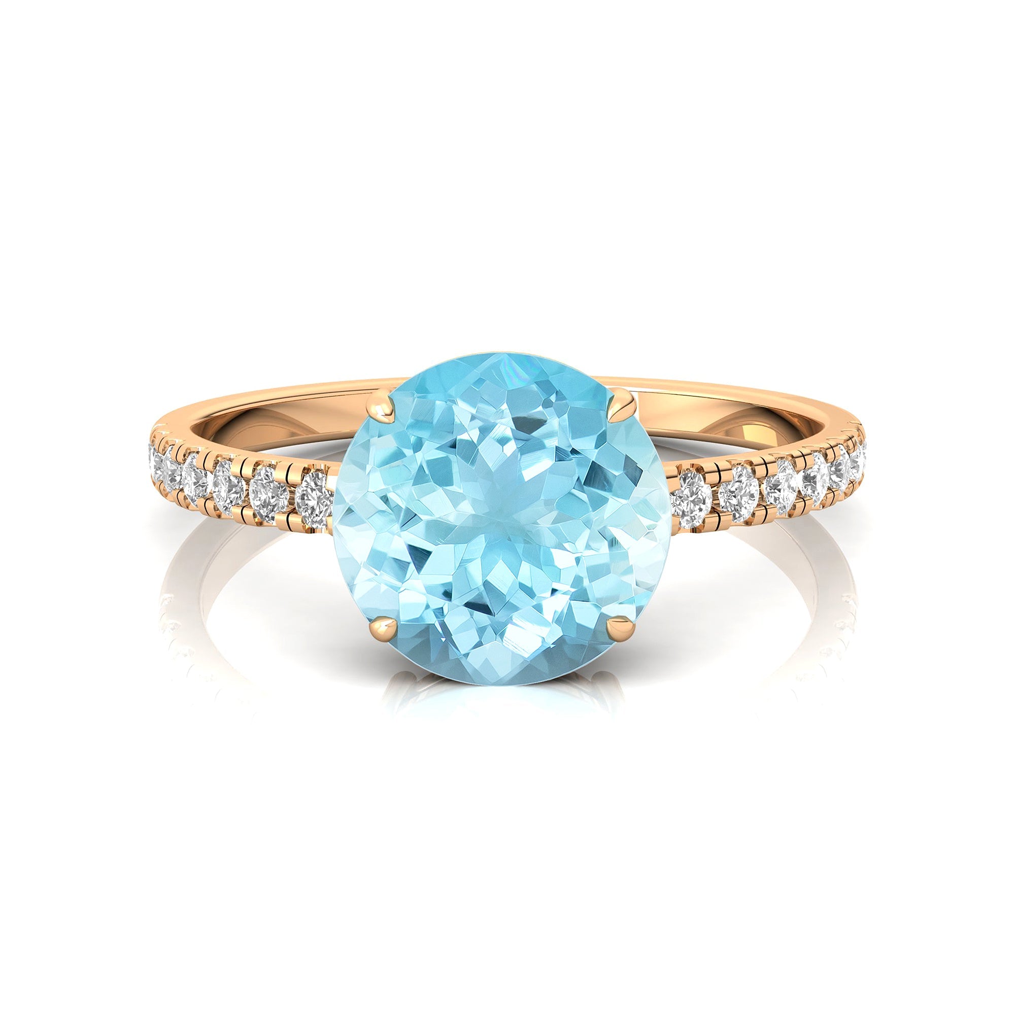 Classic Six Prong Round Solitaire Aquamarine Ring with Accent Diamond Band - GeumJewels