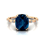 Cushion Cut London Blue Topaz Engagement Ring with Distant Diamond Band - GeumJewels