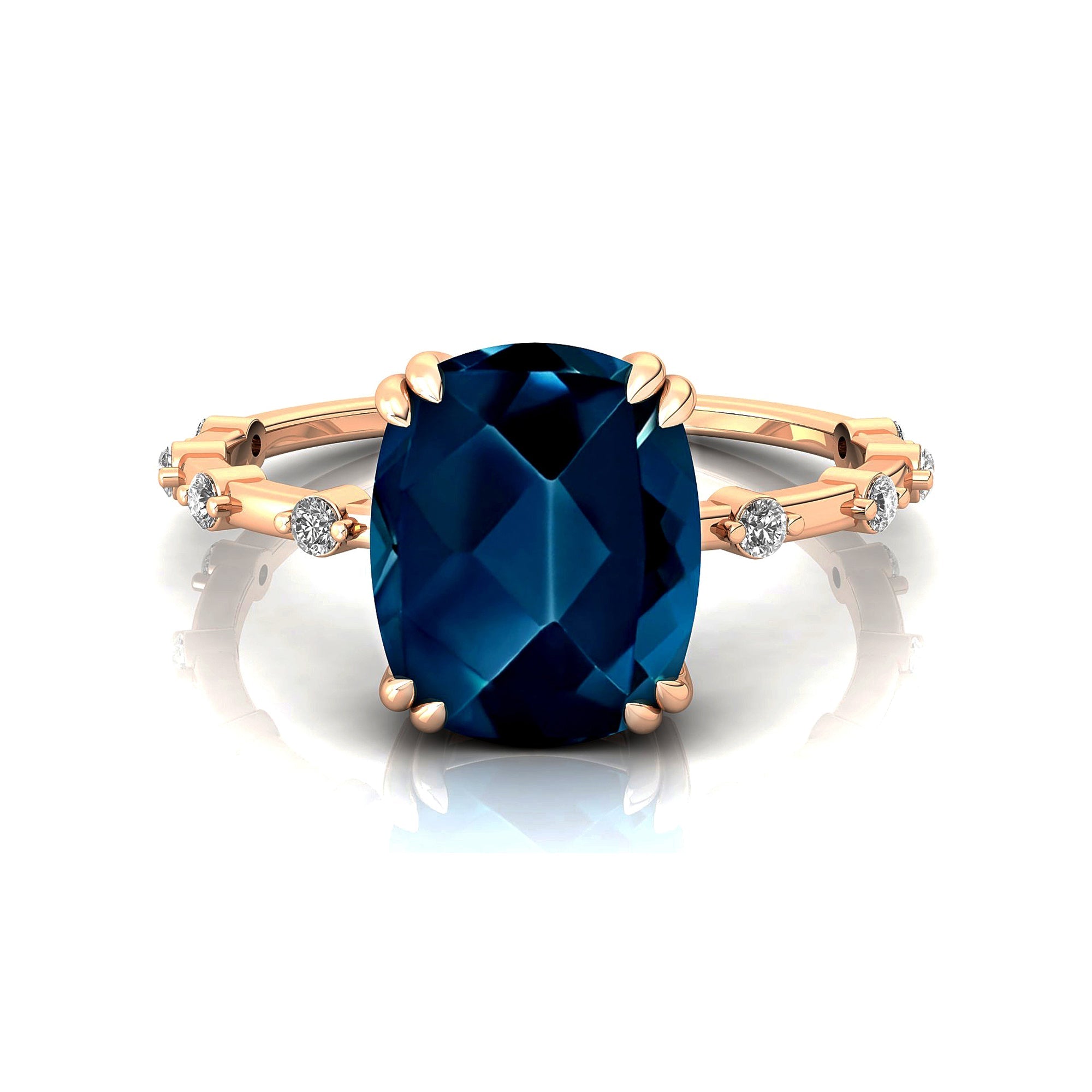 Cushion Cut London Blue Topaz Engagement Ring with Distant Diamond Band - GeumJewels