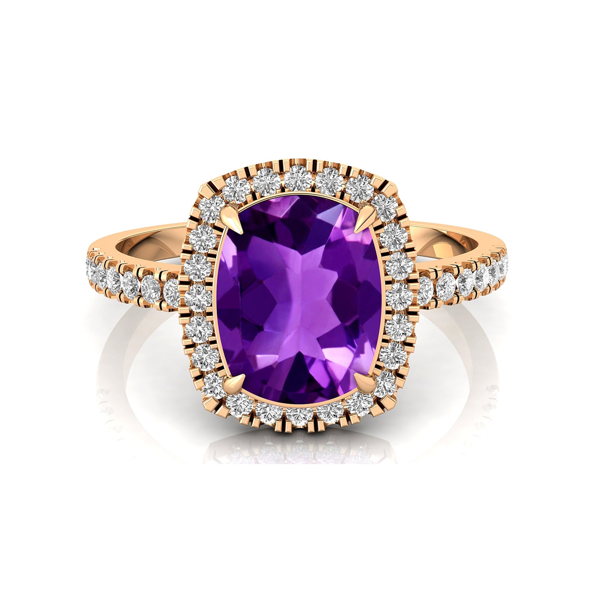 Elongated Cushion Halo Set Amethyst Engagement Ring with Diamond Band - GeumJewels