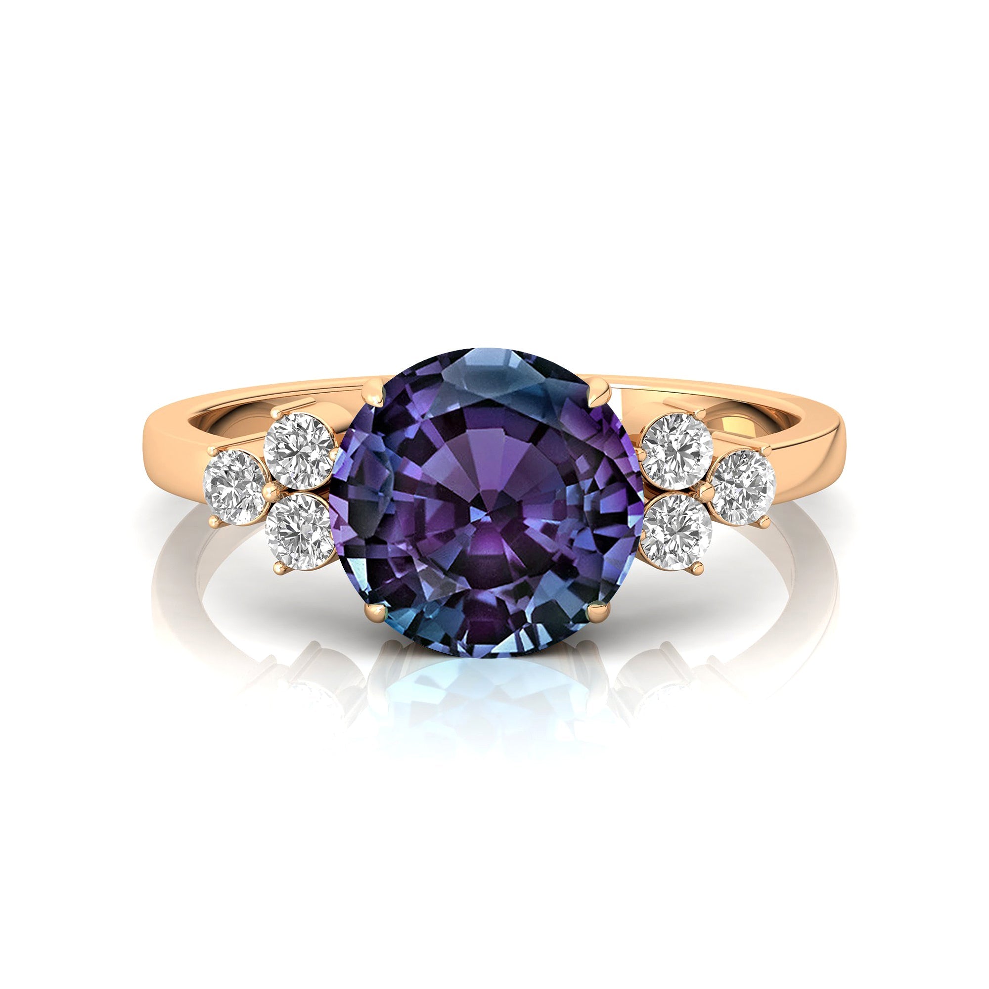 Trio Diamond Engagement Ring with Round Solitaire Alexandrite - GeumJewels