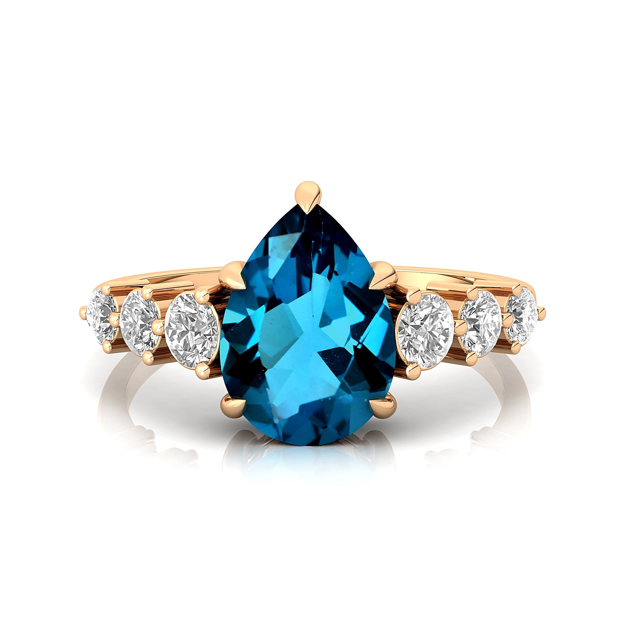 Pear Cut London Blue Topaz with Graduated Diamonds Ring - GeumJewels
