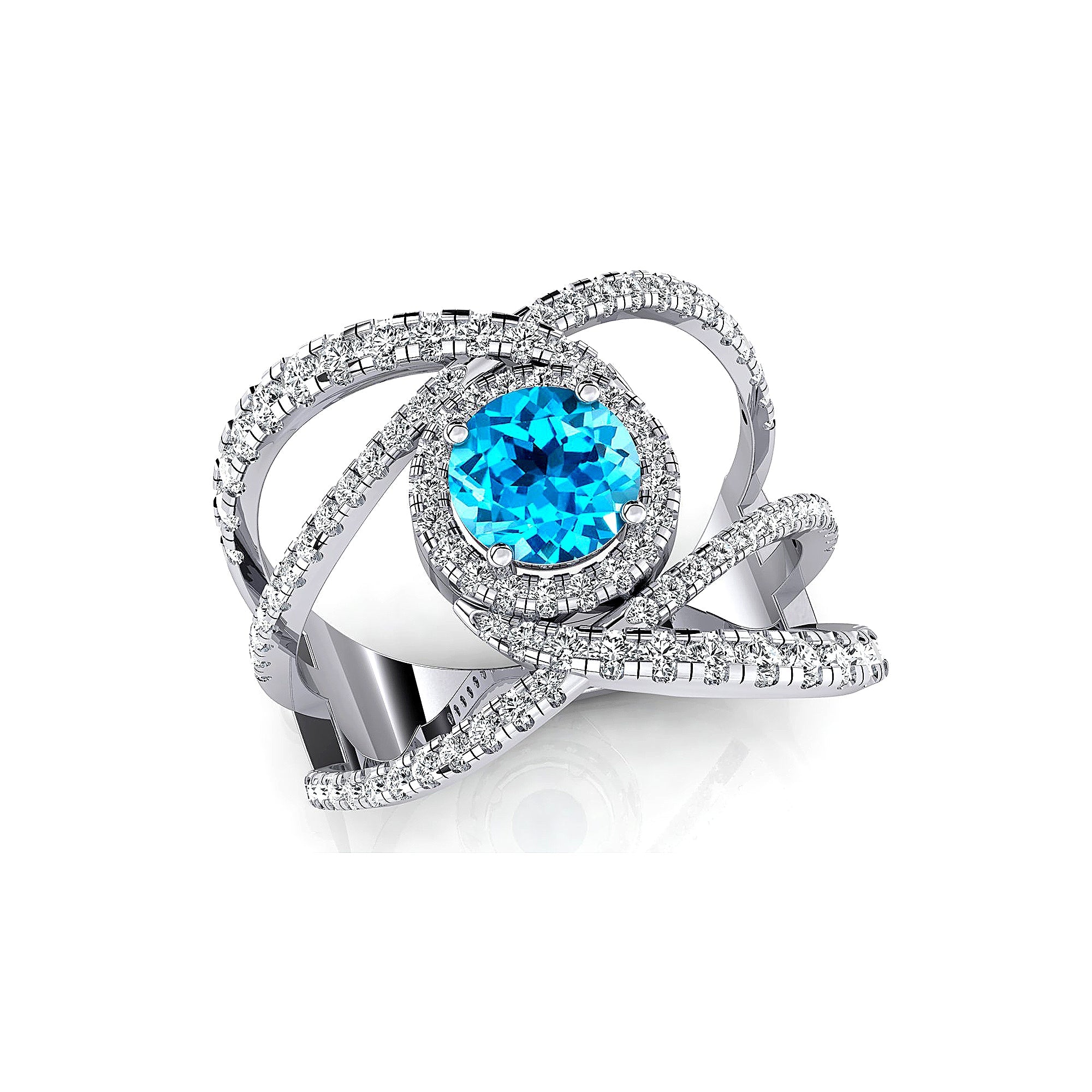 Solitaire Round Swiss Blue Topaz Cocktail Diamond Ring - GeumJewels
