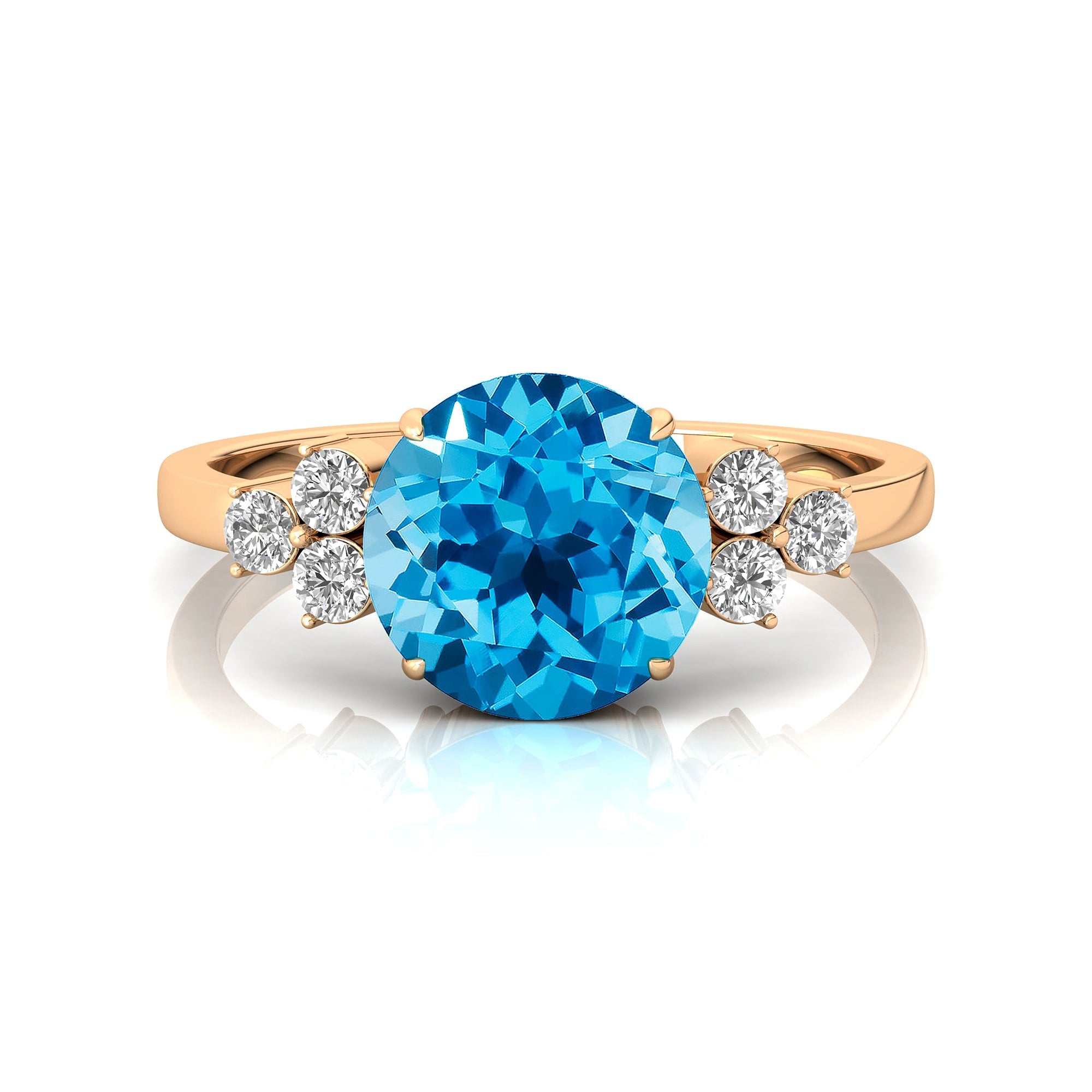 Trio Diamond Engagement Ring with Round Solitaire Swiss Blue Topaz - GeumJewels