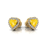 Heart Shaped Yellow Sapphire Halo Diamond Stud Earrings - GeumJewels