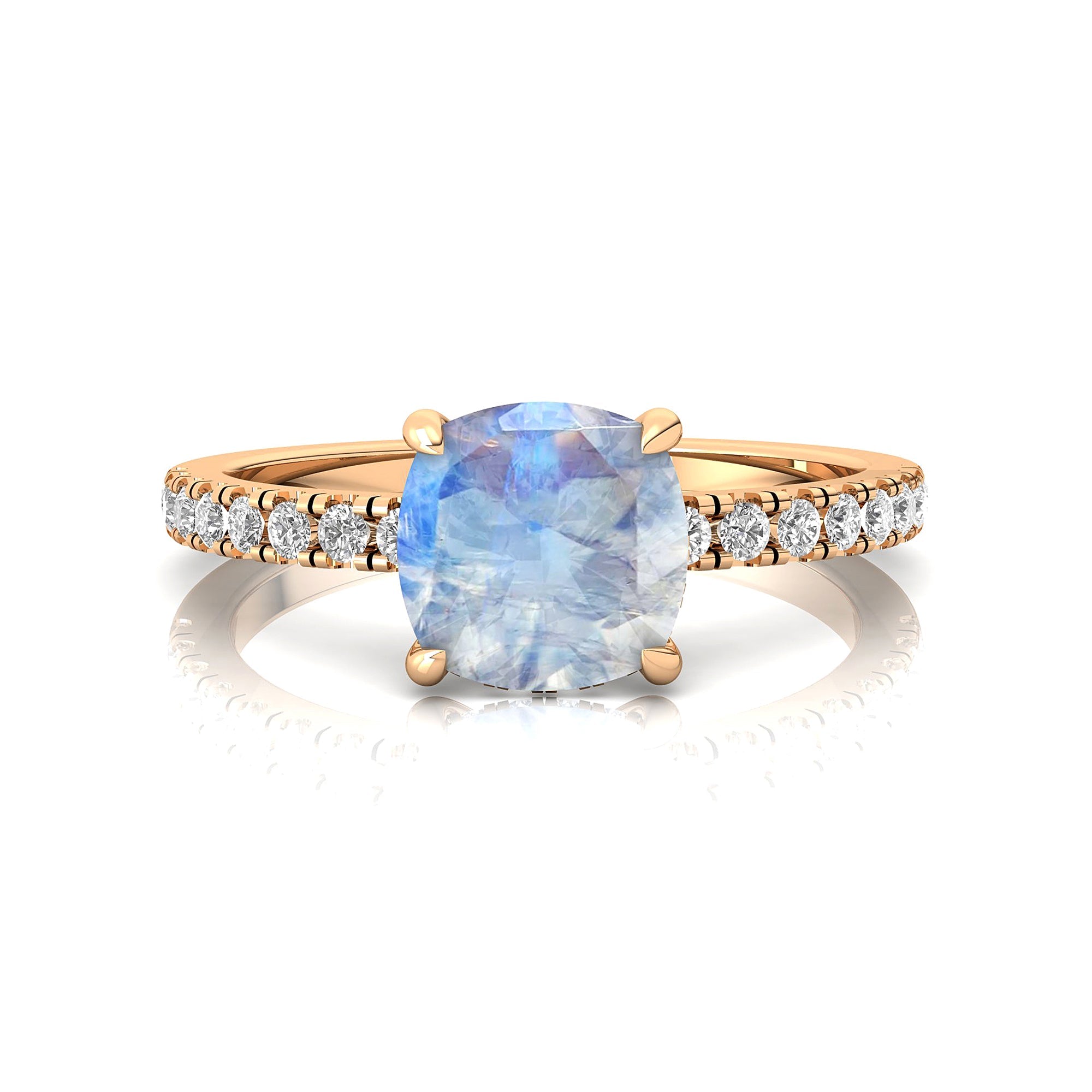 Moonstone Square Cushion Under Halo Diamonds Thin Ring with Diamond Band - GeumJewels