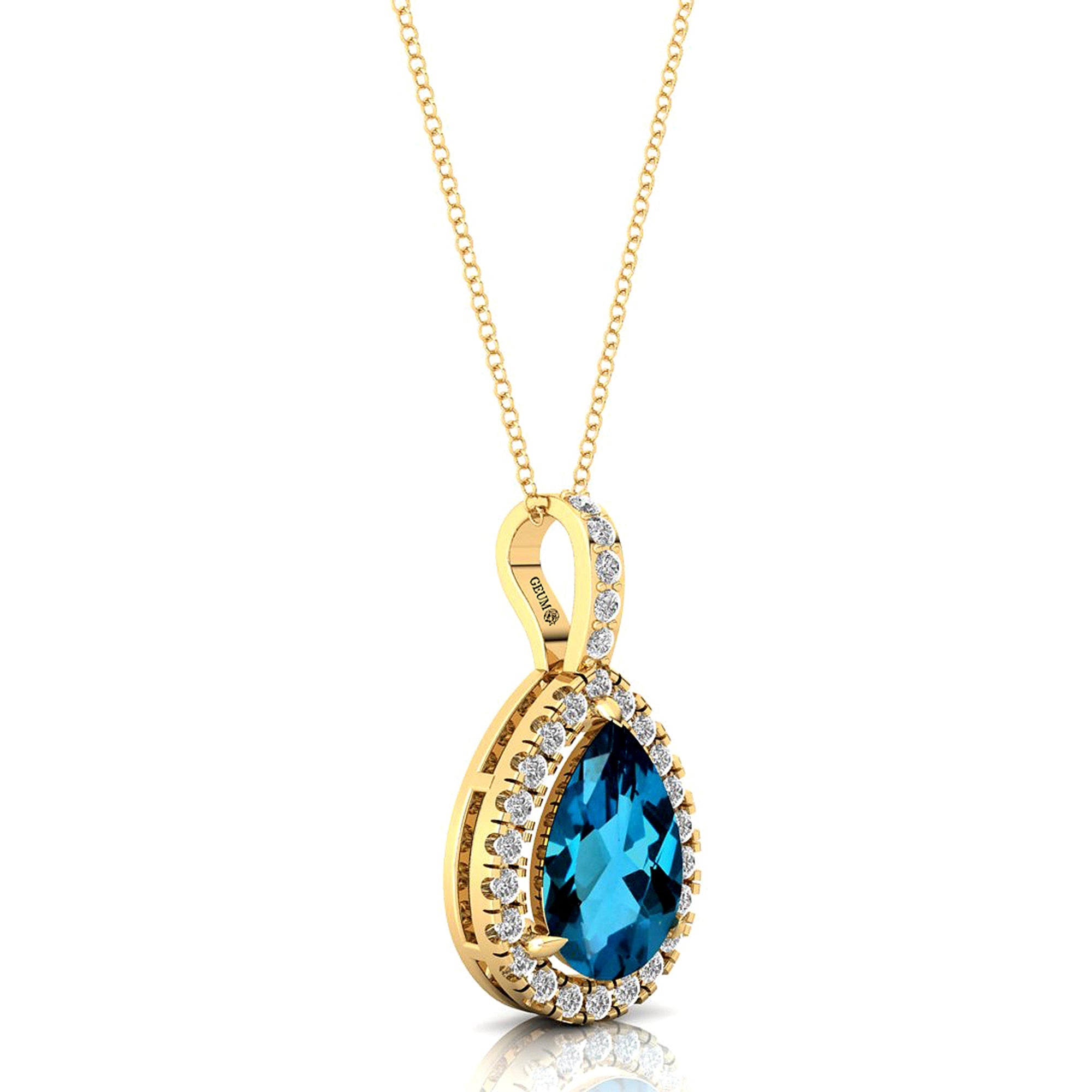 London Blue Topaz Teardrop Pendant with Diamond Halo - GeumJewels